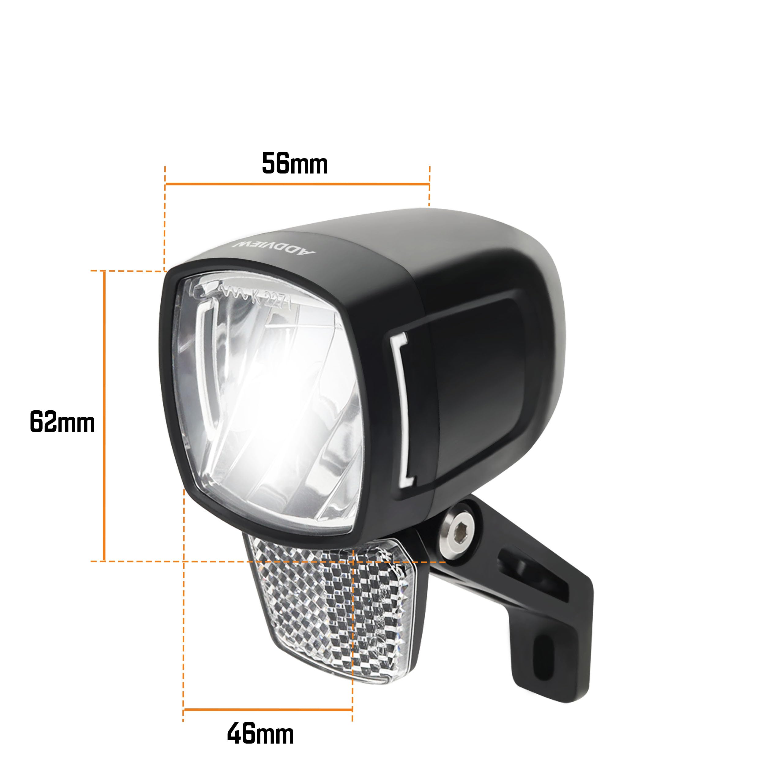 ADDVIEW E-Bike Frontlicht 170 Lux Hammer E170 – LED Fahrradlampe, StVZO & ECE zugelassen, Aluminium/ABS Gehäuse, IP65 wasserdicht, DC 8–48V, Seitenlicht, für E-Bikes & Pedelecs