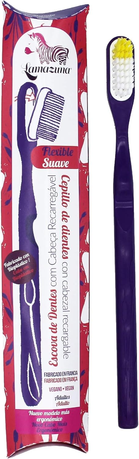 Lamazuna Cepillo de dientes reutilizable de bioplástico de dureza suave, Morado (01091)