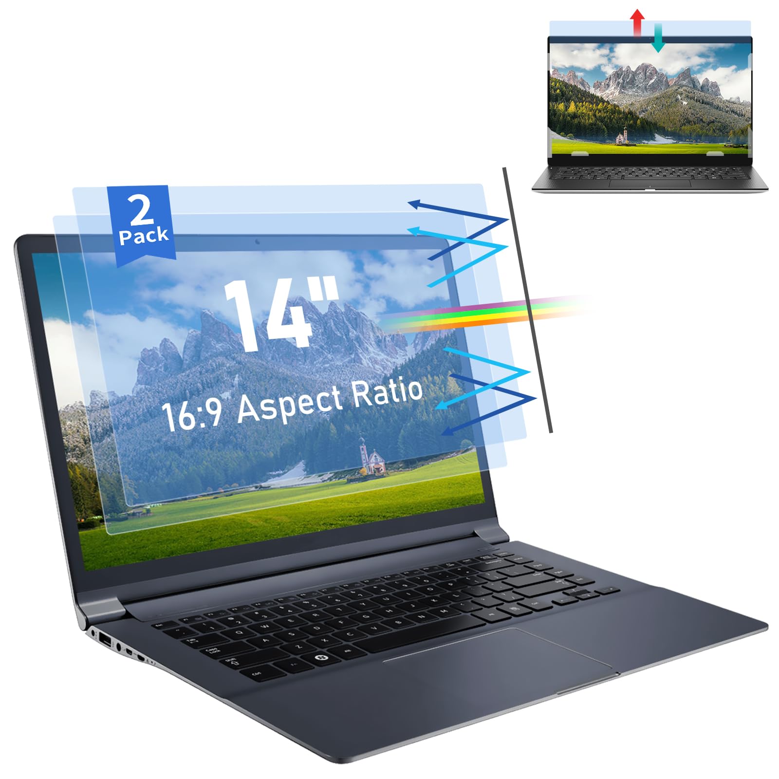 SOPPY2 Pack 14 inch Laptop Anti Blue Light Screen Protector for 16:9 Aspect, Laptop Screen and Blue Light Blocking Filter, Eye Protection