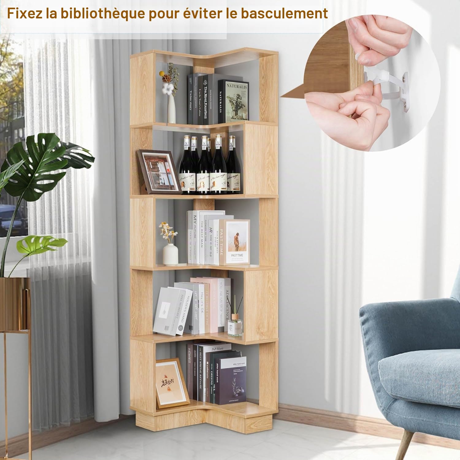 Nisorpa Bibliothèque d'angle à 5 niveaux sur pied, étagère d'angle haute en bois, vitrine pour salon, chambre à coucher, bureau