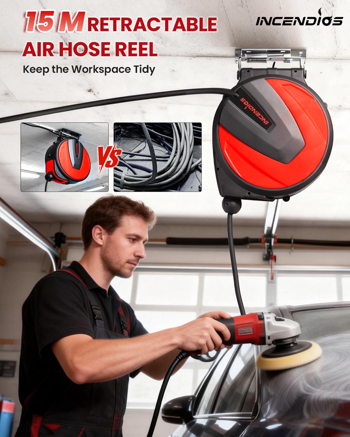 INCENDIOS Enrouleur de Tuyau d'Air 15 m, Raccord 3/8" BSP, 20 BAR, Dévidoir de Tuyau Air Comprimé Automatique avec 2 m de Tuyau d’Alimentation, Support Mural Pivotant 180°, pour Garage & Atelier