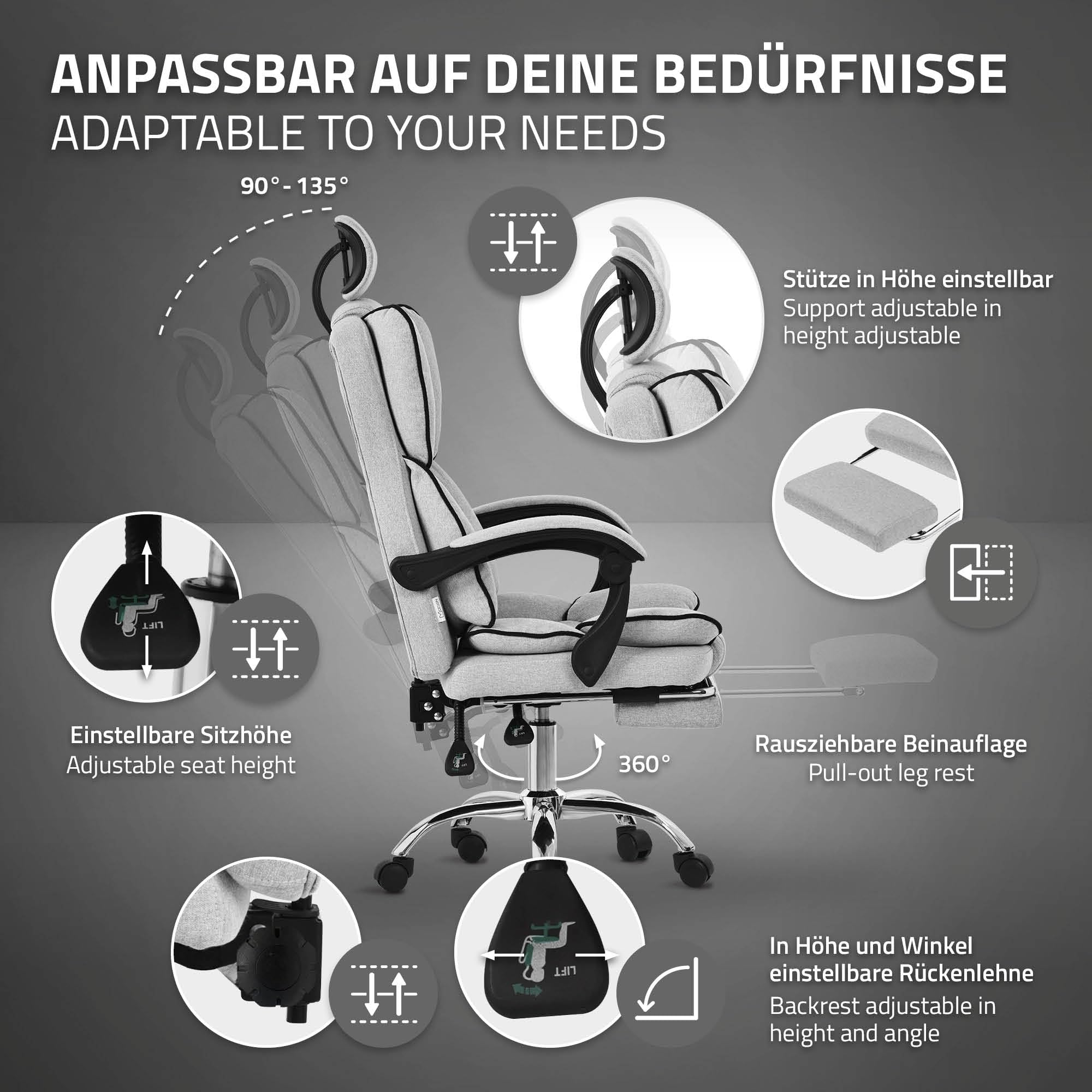 Ergonomiczne krzesło biurowe ML-Design, jasnoszare, krzesło biurowe z regulacją wysokości i wysokim oparciem, krzesło obrotowe z podnóżkiem, poduszką zagłówkiem krzesło komputerowe, krzesło gamingowe