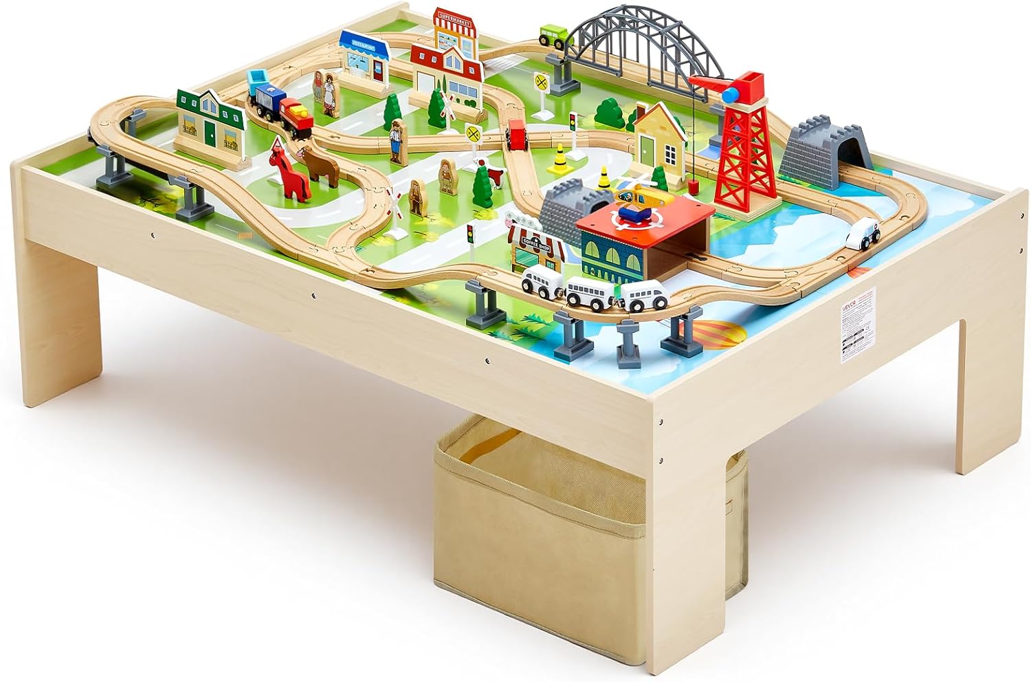 VEVOR Train Table, 120 Multicolor Pieces Wooden Kids Activity Table with Collapsible Storage Bin, 3-in-1 Wooden Train Set for Gaming, Drawing, Reading, Eating, Creative Toy Set for Kids Ages 3+ Large Table - Storage Bag