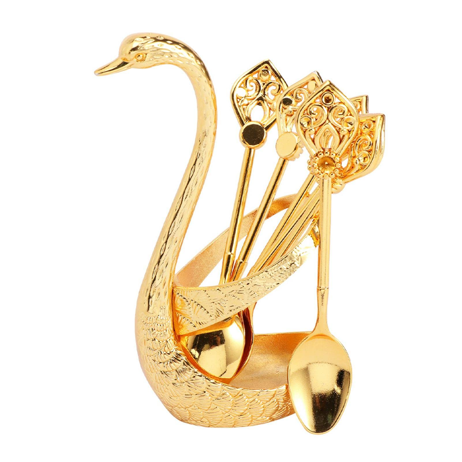 Coffee Spoon Set with Swan Base Holder, 6pcs Dessert Spoons with Organizer, Metal Dessert Flatware Ice Cream Spoons for Coffee, Dessert(Gold)