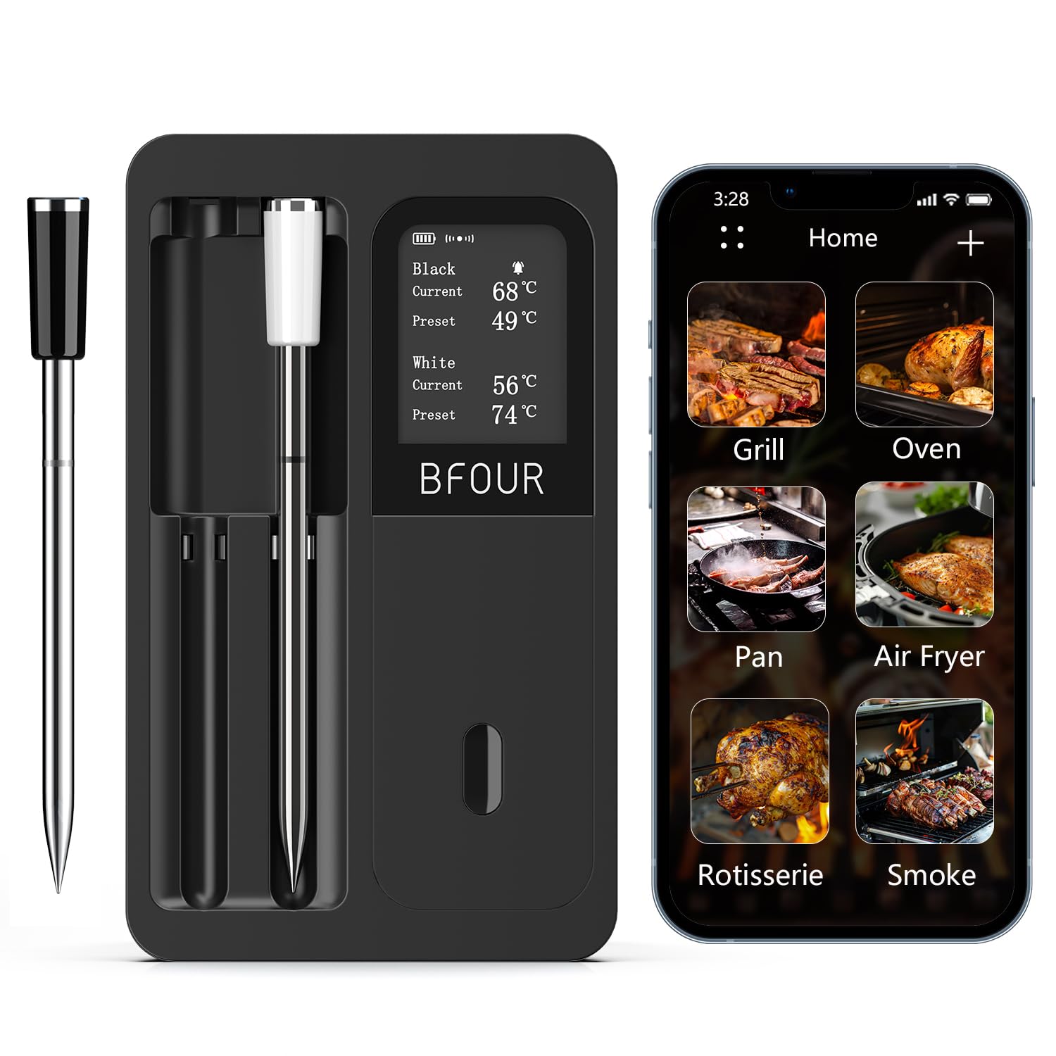 BFOUR Termometro per carne, termometro con 2 sonde intelligenti, monitoraggio tramite app con timer e allarme, impermeabile e resistente al calore, termometro per barbecue, forno, barbecue