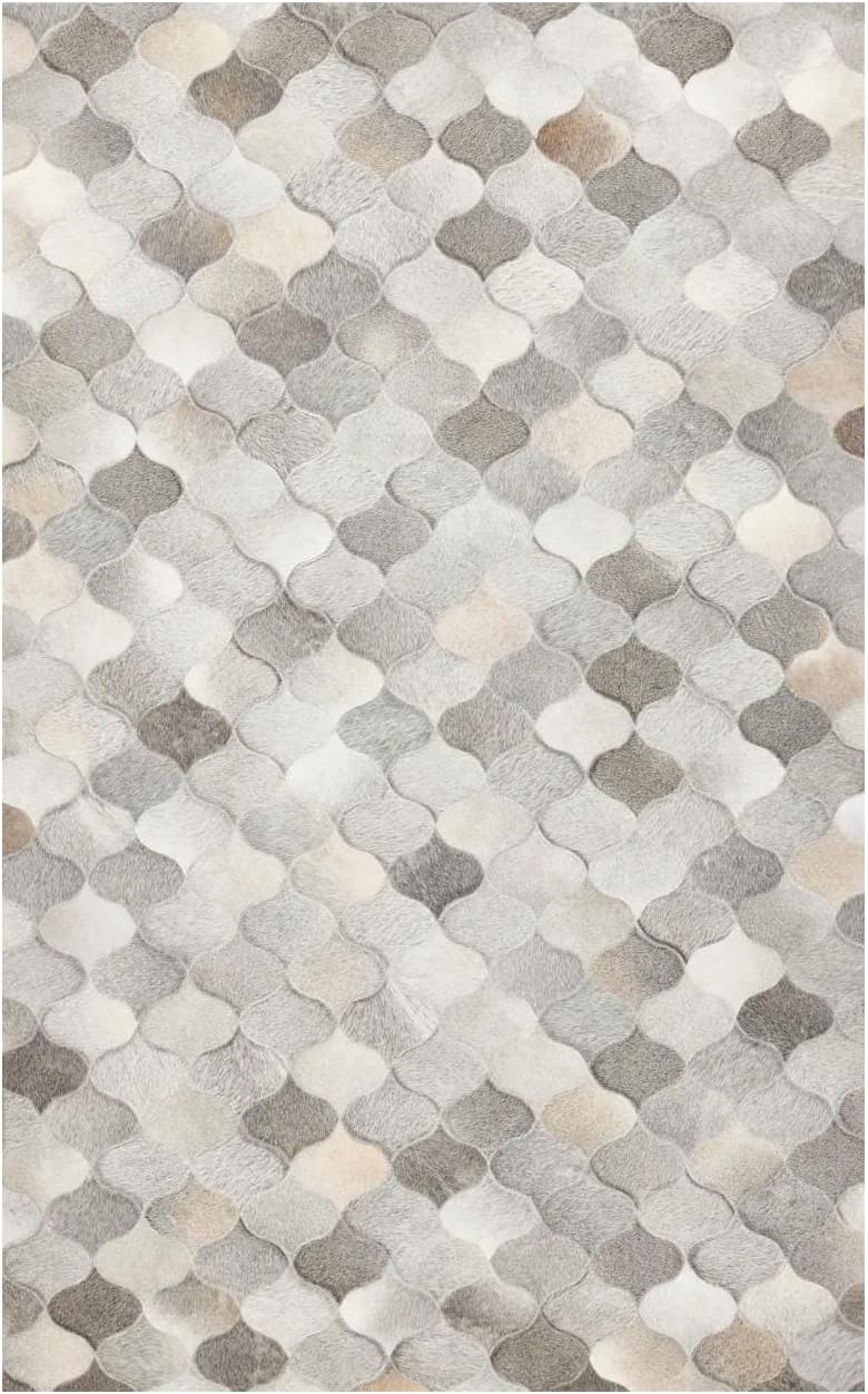 Modern Design Premium Cowhide Leather Area Rug with Moroccan Quatrefoil Pattern (Natural Multi Grey, 12x18)