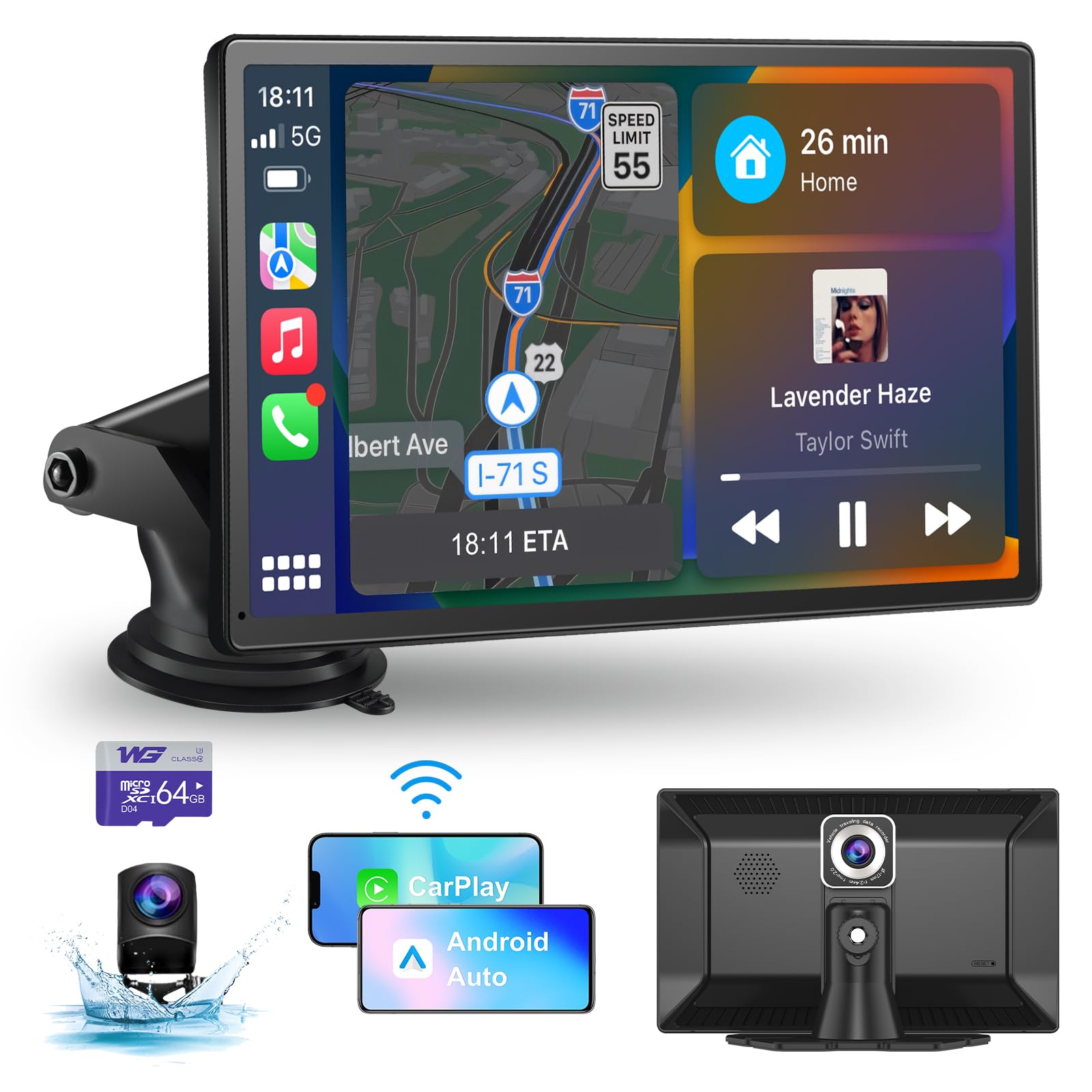 9 Inch Portable Car Screen Compatible with Wireless Apple Carplay and Android Auto: Carplay Screen for Car with 4K Dash Cam, 1080P Backup Camera, Navigation, FM, AirPlay, AUX, 64GB Card