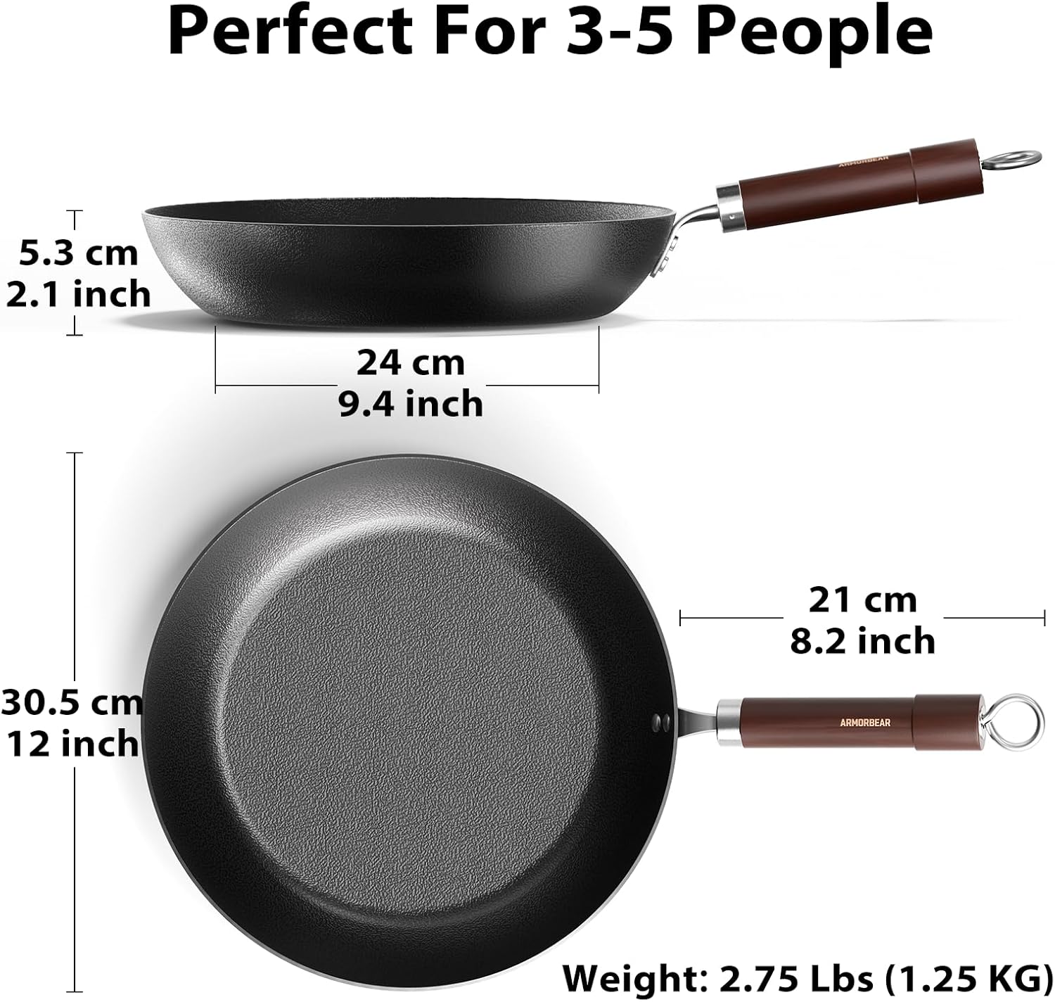 Carbon Steel Frying Pan, Pre-Seasoned 12-Inch Cooking Skillet Wooden Handle, PFAS & PFOA-Free, Nitrided Black Fry Pan for Kitchen, Camping, Chef Use - Image 2
