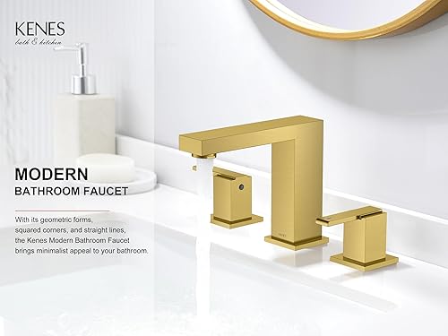 Miniatura 2 de KENES Grifo de baño generalizado de oro cepillado 2 manijas Grifos de lavabo de baño 3 agujeros, oro de 8 pulgadas 3 piezas grifo de tocador con