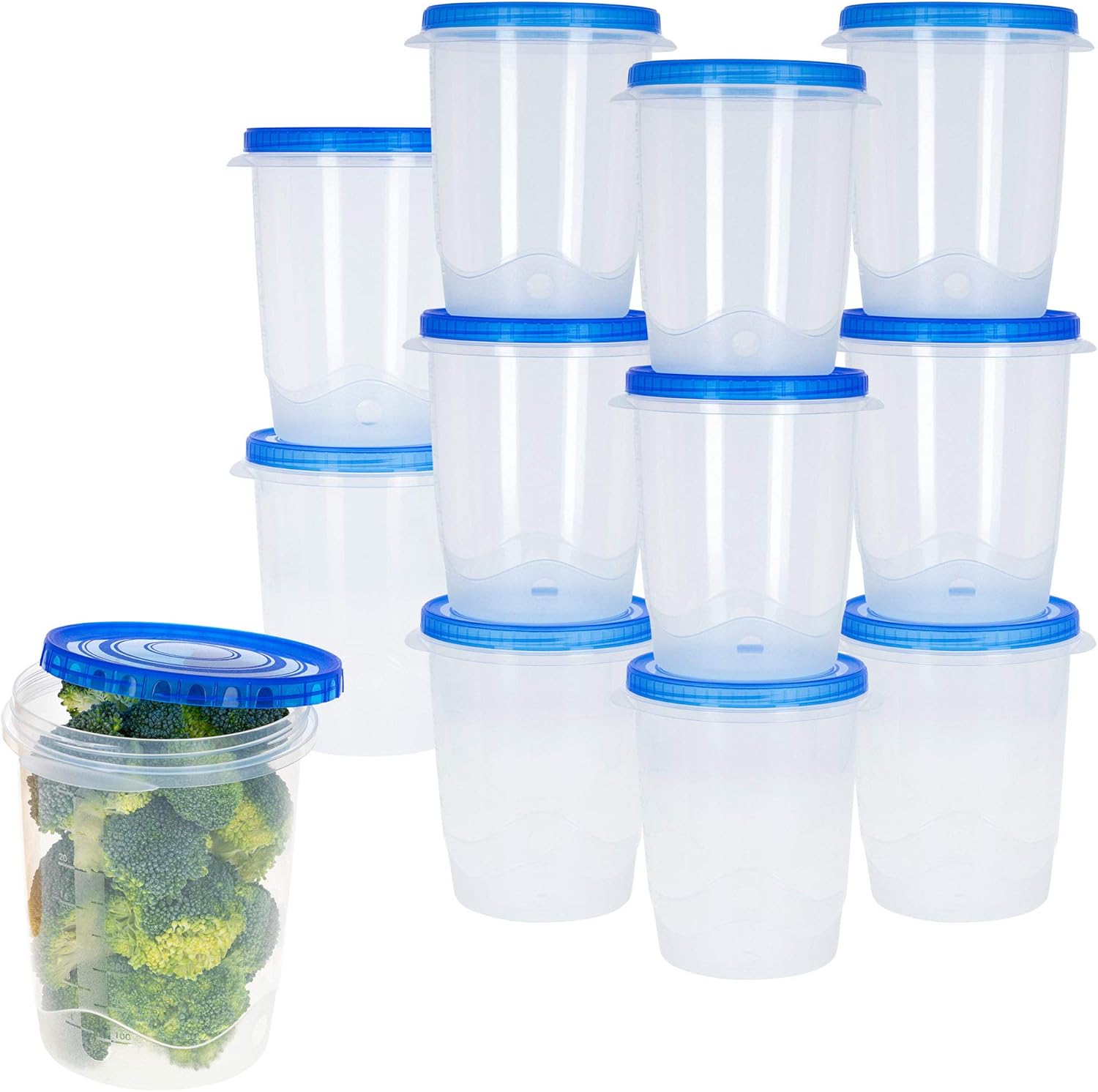 Aktive - Pack of 12 Liquid containers, Round, Stackable, Microwave and Dishwasher Safe, Plastic Container Measures 12.7 x 11.5 x 14.5 cm, with Blue lid with Screw Cap, 1 ml
