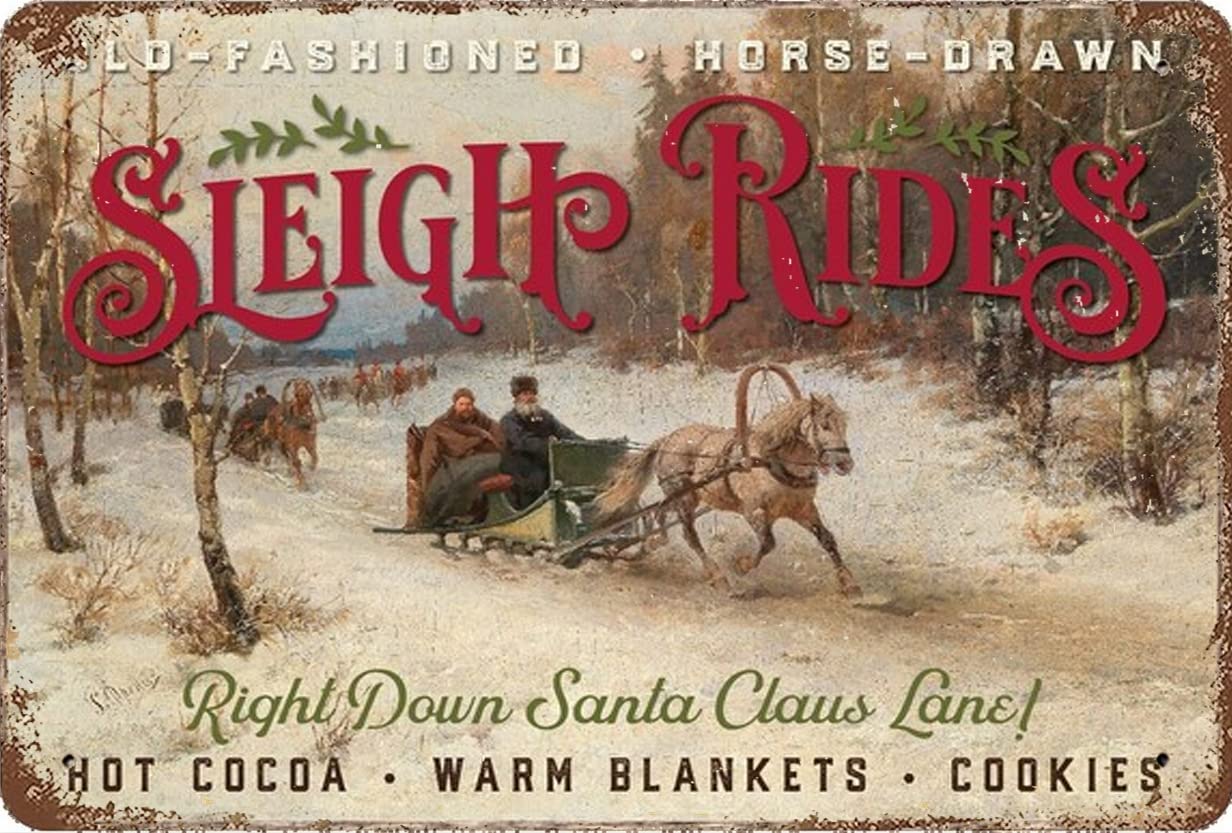 Horse Drawn Sleigh Rides,Vintage Metal Sign,Christmas Wall Art,Winter Landscape,Vintage Print Sign,Christmas Sign 8x12 Inch