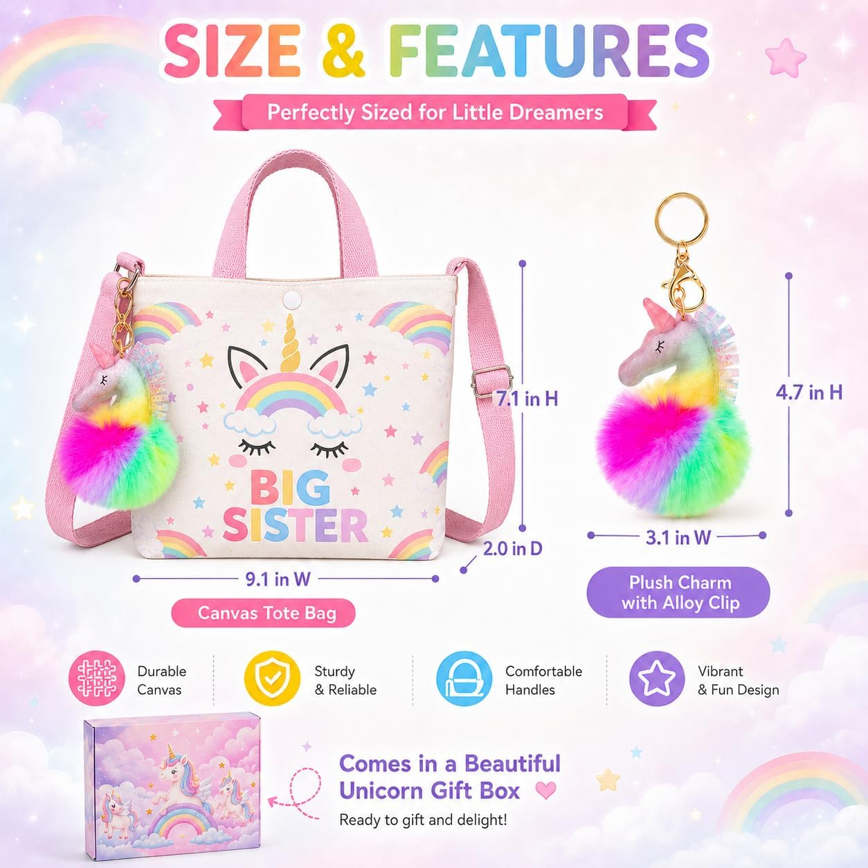 Big Sister Gift Set with Gift Box, Unicorn Rainbow Big Sis Tote Bag Set with Hair Clips, Bracelet, Sunglasses, Mirror Comb, Plush Keychain, Greeting Card