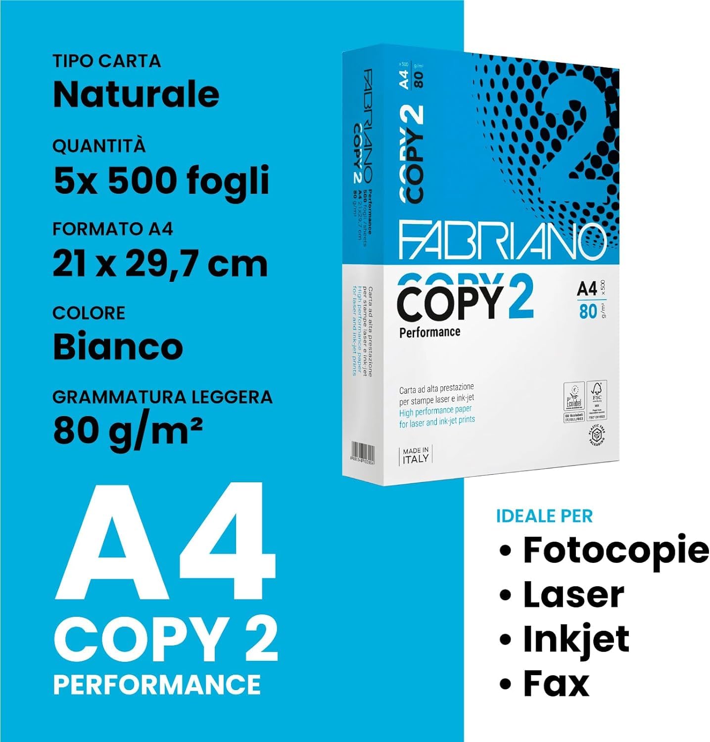 Fabriano Copy 2 Amore Animale A4 Druckerpapier – 5 Ries à 500 Blatt – 2500 Blatt insgesamt, 80 g Papier für Büro, Fotokopie, Mehrzweck, 5 Riesen