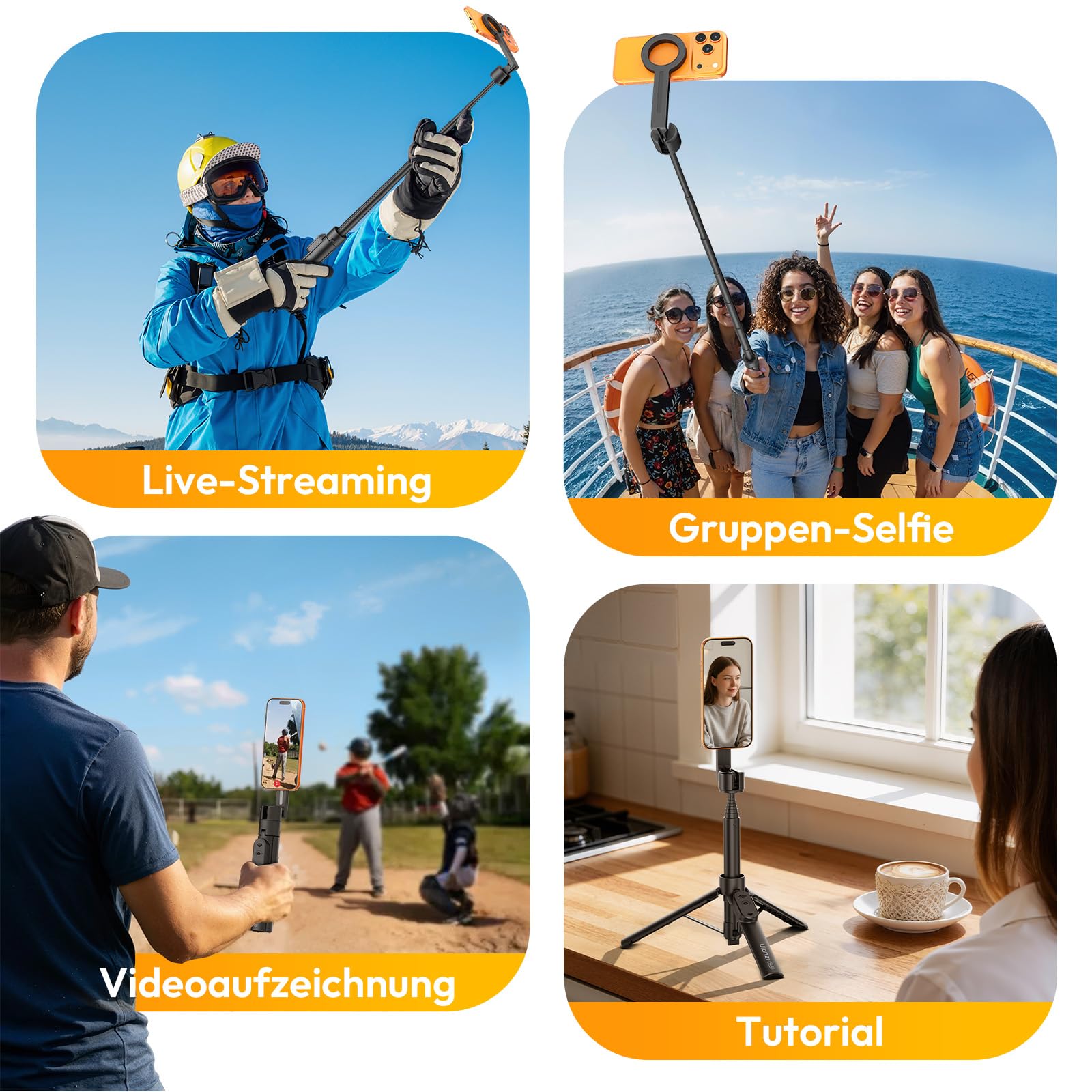 ULANZI SK26 Magnetisches Selfie Stick Stativ 113cm | 15N Starker Magnet, Ein-Klick-Öffnung, Ausziehbares Mini Tripod für Magsafe,200° Neigbar,10m Fernbedienung,Kompatibel mit iPhone 17-12 für Vlogging