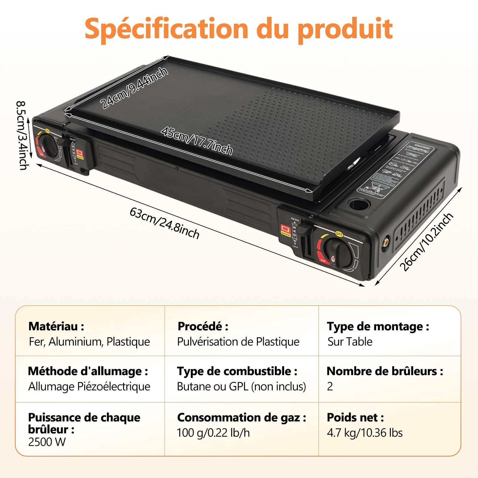 Réchaud à gaz portable 2 feux avec plateau barbecue et mallette de rangement pour camping