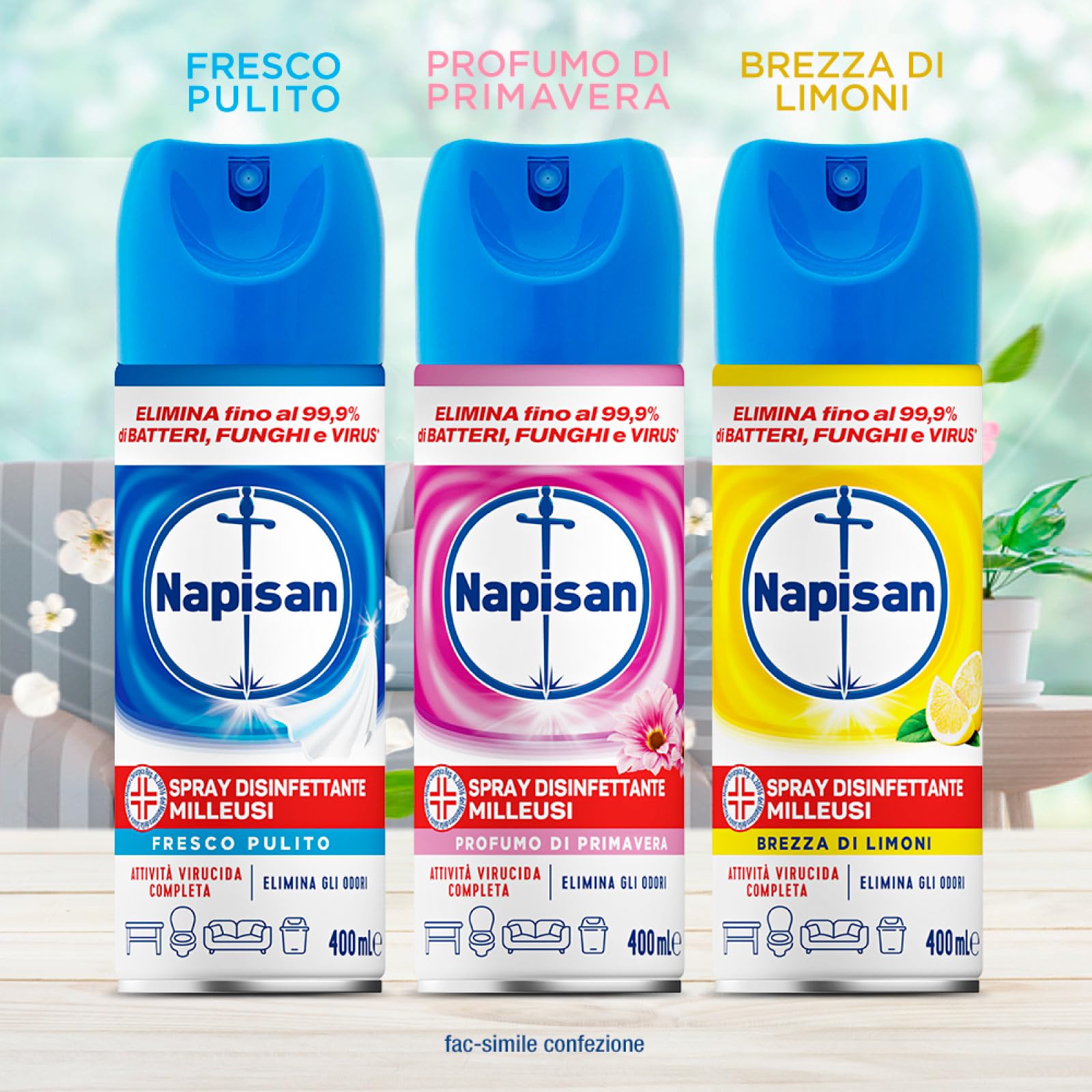 Napisan Spray Disinfettante Milleusi Fragranza Fresco Pulito per Tessuti e Superfici Elimina Batteri Funghi Virus Rimuove Cattivi Odori Ideale per Bagno Cucina Divani Materassi - 2 Flaconi da 400ml