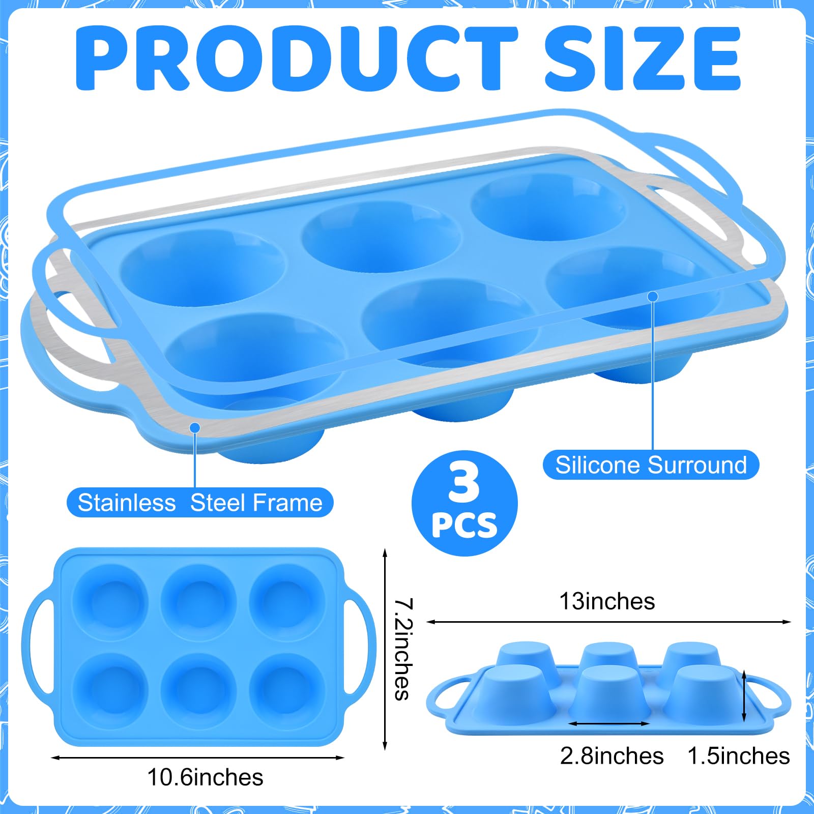 3 moldes de silicona para cupcakes con marcos de metal, 6 tazas, moldes de silicona antiadherentes para hornear magdalenas, bandeja de silicona para magdalenas, mini molde para magdalenas (azul)