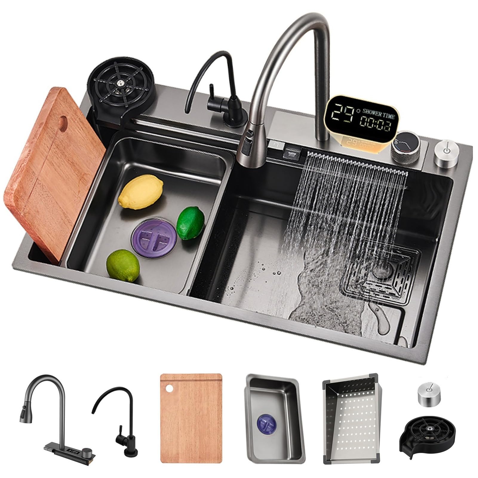 Évier de cuisine pour maison moderne avec grand bac de 80 cm et accessoires