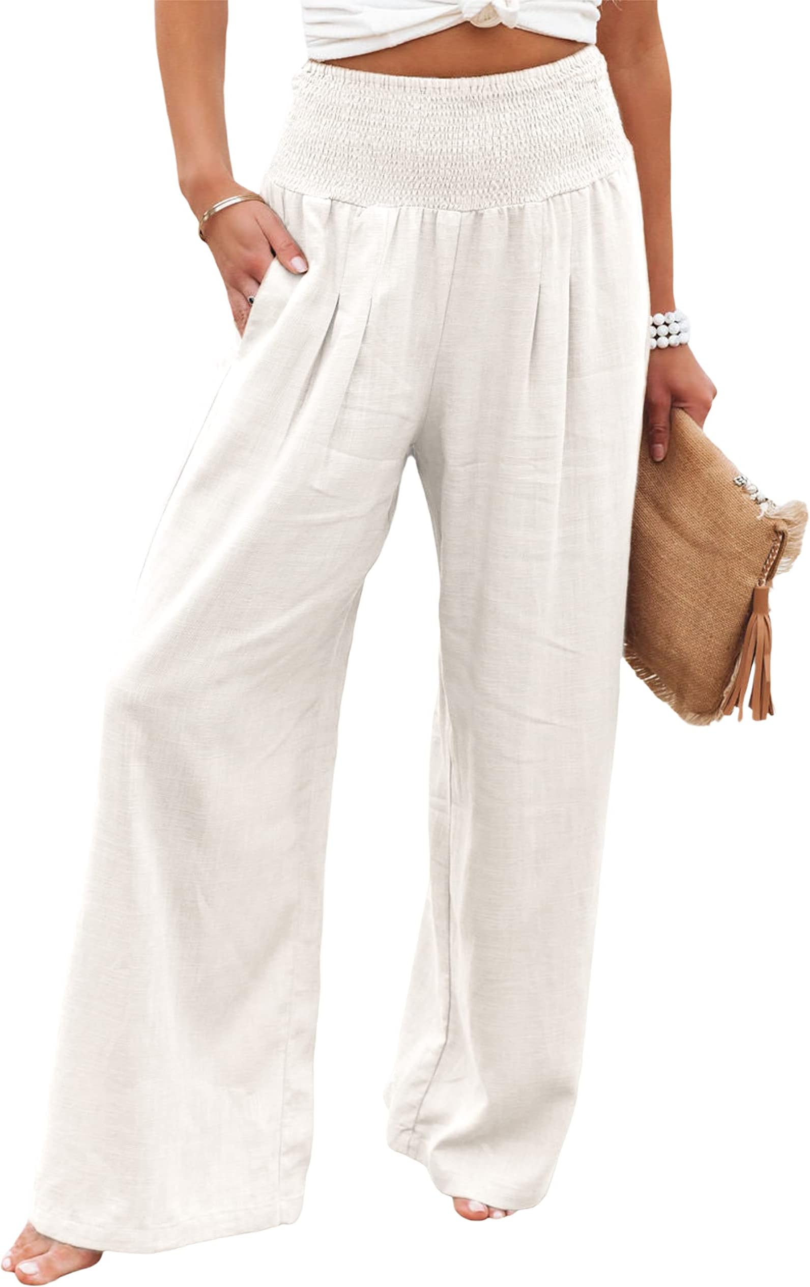 Linen Pants for Women White Flowy Wide Leg High Waisted Palazzo Beach Pants Summer