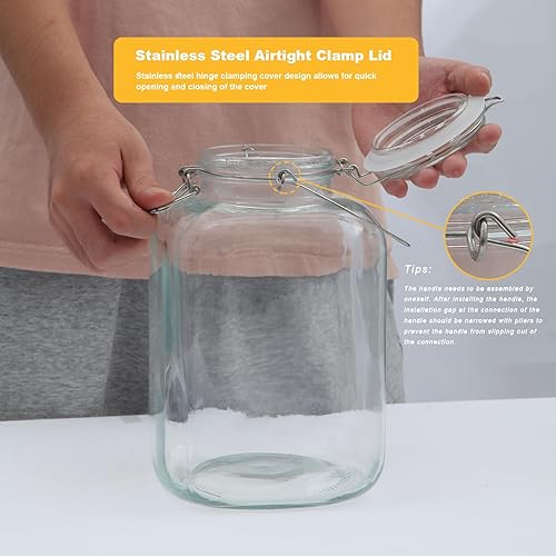 Miniatura 7 de Juego de 2 tarros de vidrio herméticos de 1 galón con tapas, recipientes de almacenamiento de vidrio extra grandes con asa para harina, cereales,