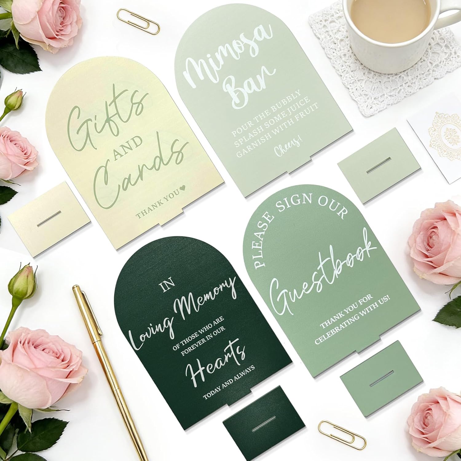 4 Pcs Acrylic Wedding Signs Set for Reception Sage Green Wedding Party Supplies Double Sided Greenery Bridal Shower Signage Decoration Arch Card and Gifts Sign with Stand for Ceremony Table Decorative - Image 5
