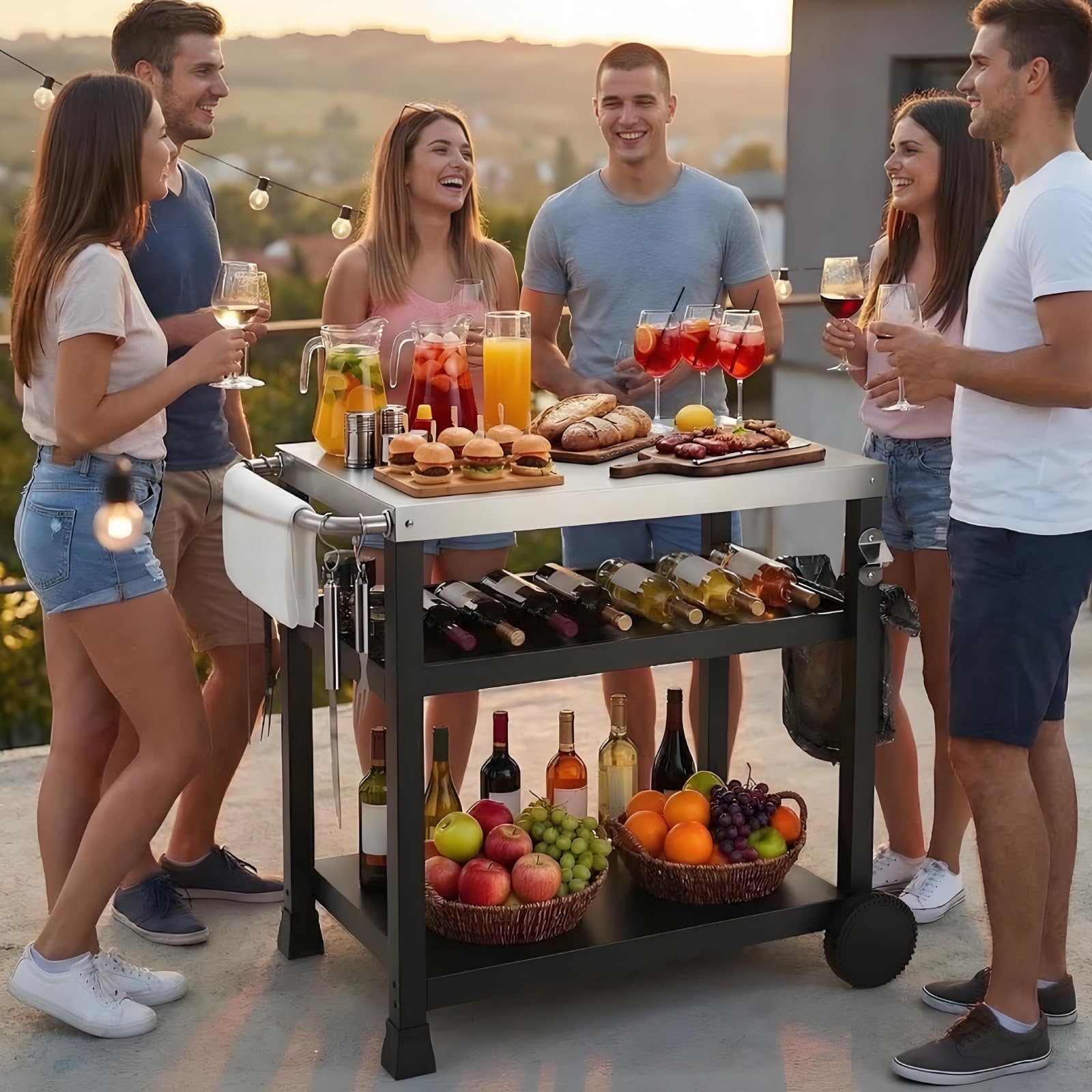 LIFERUN Carro de Barbacoa Acero Inoxidable, Mesa de Barbacoa Exteriores con 2 Ruedas Ganchos, Carrito de BBQ Cocina Servicio, Mesa Auxiliar Superficie Trabajo INOX, Carrito de Cocina, terraza y jardín