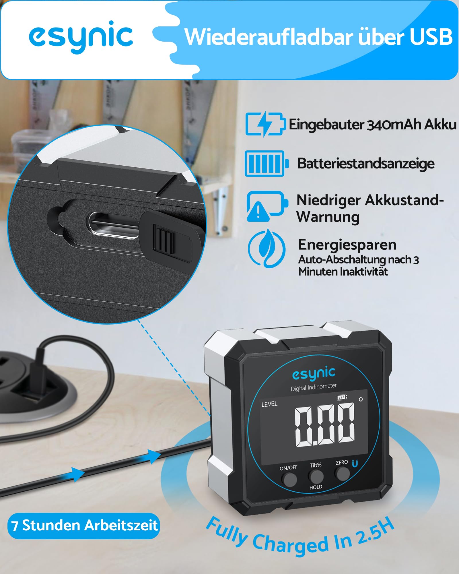 eSynic Digitaler Neigungsmesser mit 4-seitigen Magneten Wasserwaage mit LCD Display wiederaufladbar, Aluminiumgehäuse IP54 wasserdicht, für Tischkreissägen, Holzarbeiten und Bauprojekte