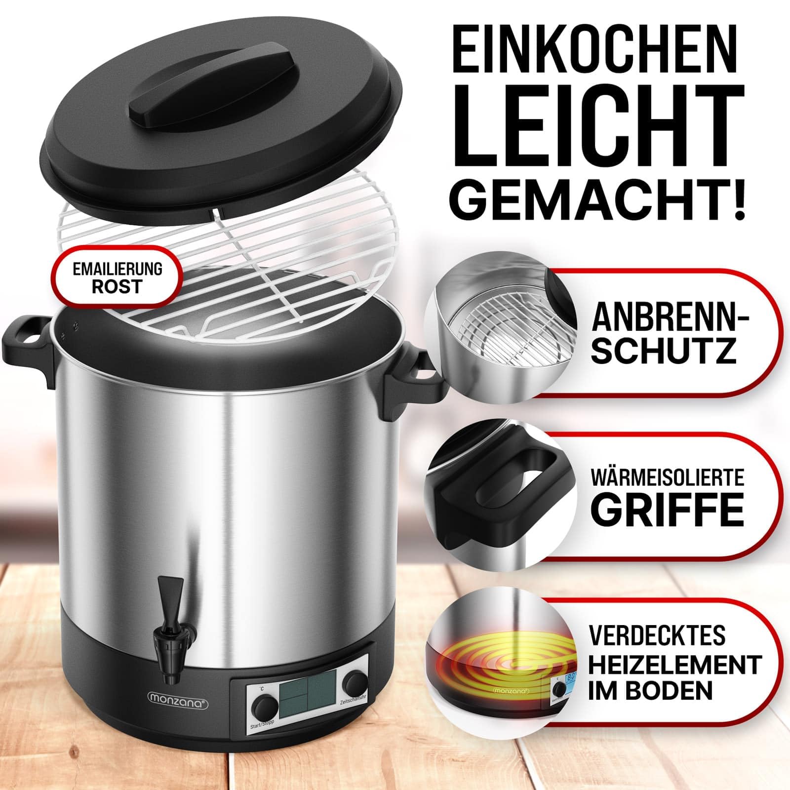 MONZANA® Einkochautomat 28L Digital mit Zapfhahn Thermometer 30-110°C Timer BPA-frei Edelstahl 2000W Glühweinkocher Einkochtopf Heißgetränkeautomat