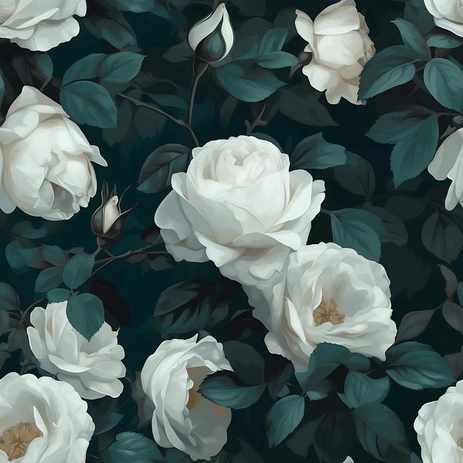 VaryStyle Green White Floral Wallpaper Blooming Rose Wallpaper Peel and Stick Dark Green and White Flower Wall Paper for Bathroom Bedroom 17.7"x118" Waterproof Removable Contact Paper for Cabinets