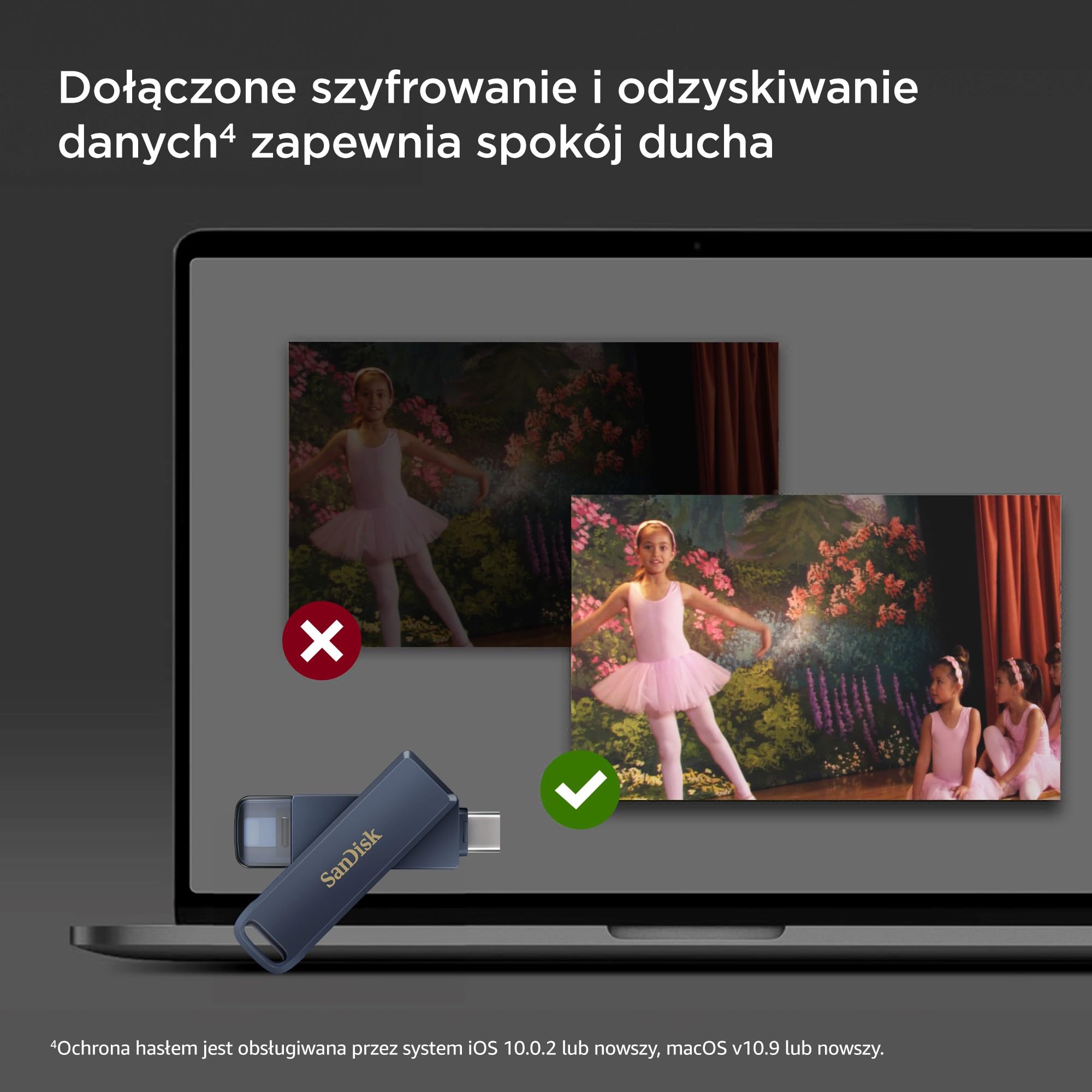 SanDisk Napęd telefoniczny 128 GB, pamięć USB do iPhone'a, iPada, PC i Mac (pamięć 2 w 1, złącza Lightning i USB typu C, automatyczna kopia zapasowa, ochrona hasłem, metaliczne niebo