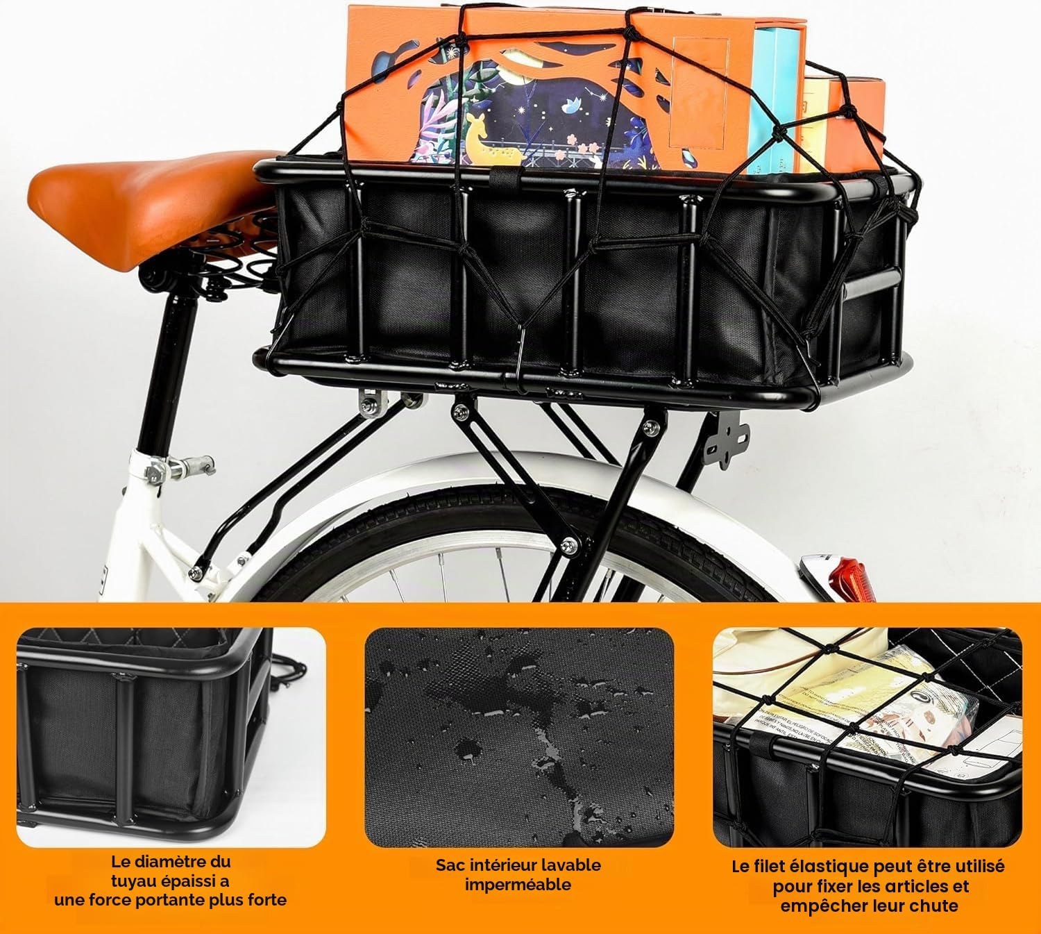 Panier de Vélo Arrière, Panier Velo, Panier Arrière en Métal avec Filet de Chargement et Doublure Épaisse, Porte Bagage Velo Arriere, pour Plupart des Vélos et Vélos Électriques