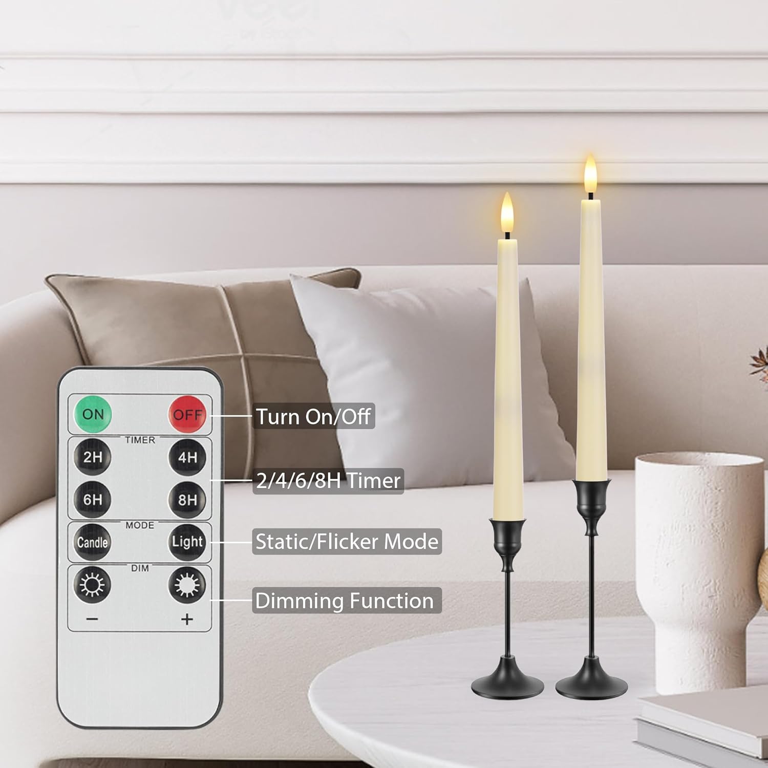 Flameless Taper Candles with Remote, Flickering Battery Operated Candles, Ivory 9.6" Led Flameless Candlesticks for Home Party Weeding Festival Decor, 2 Pack