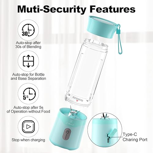 Miniatura 6 de COKUNST Licuadora portátil de 18 onzas, licuadora de tamaño personal recargable por USB, licuadora de batidos con 6 cuchillas para proteínas