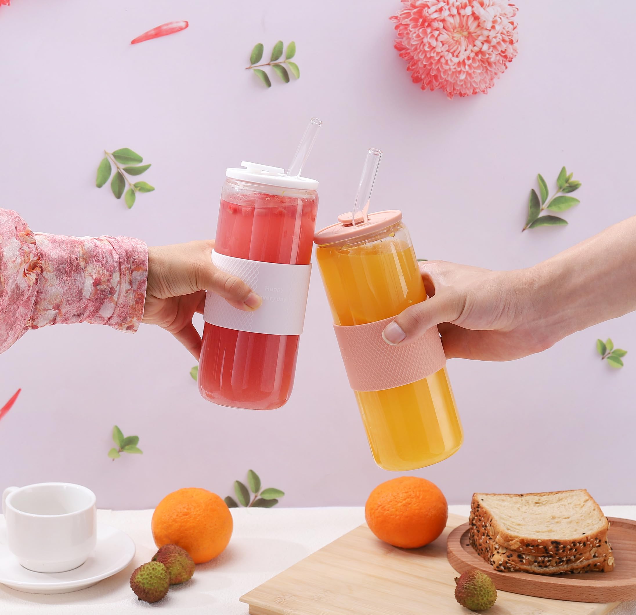 Vasos de vidrio en forma de lata de 24 onzas con tapas de silicona y popote de vidrio, 2 vasos para beber con tapas y popotes, y fundas de silicona, vasos de cerveza, tazas de café helado 5