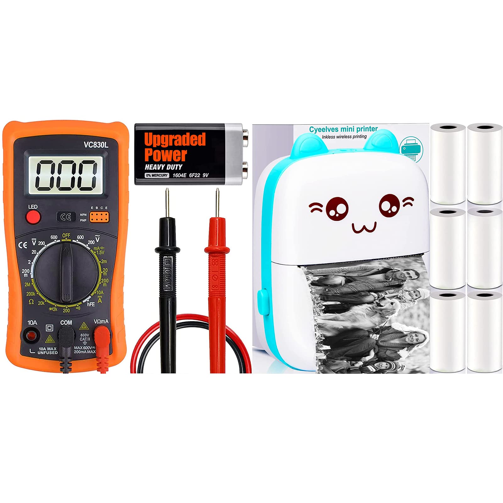 Digital Multimeter, Multimeter with AC DC Voltmeter & Ohm Volt Amp Tester, Multifunction Battery Tester, Mini Printer Portable, Pocket Thermal Printer with 6 Rolls Paper Compatible with iOS Android