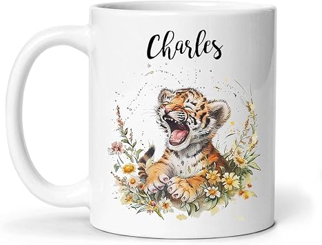 Cute Little Tiger Yawning Coffee Cup With Floral Design, Personalized Wrendale Themed Cup For Tiger Lovers, Customized Name Ceramic Mug For Animal Enthusiasts, Custom Tiger Lover Gifts