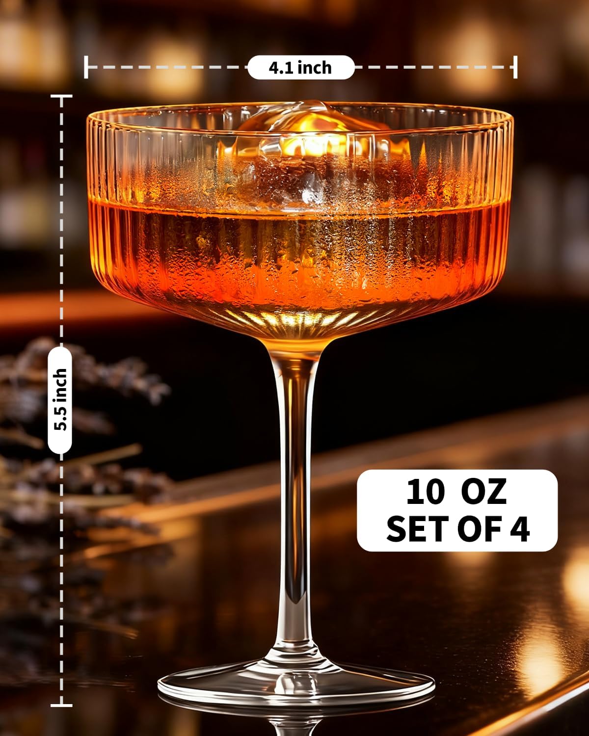 4 Pcs Coupe Glasses, Hand Blown 10 oz Cocktail Glasses, Ribbed Glasses, Gift Boxed Drinking Glass Set, Pefect Gift for Christmas, Espresso Martini, Manhattan, Wine, Champagne Martini Glasses Set of 4 - Image 7