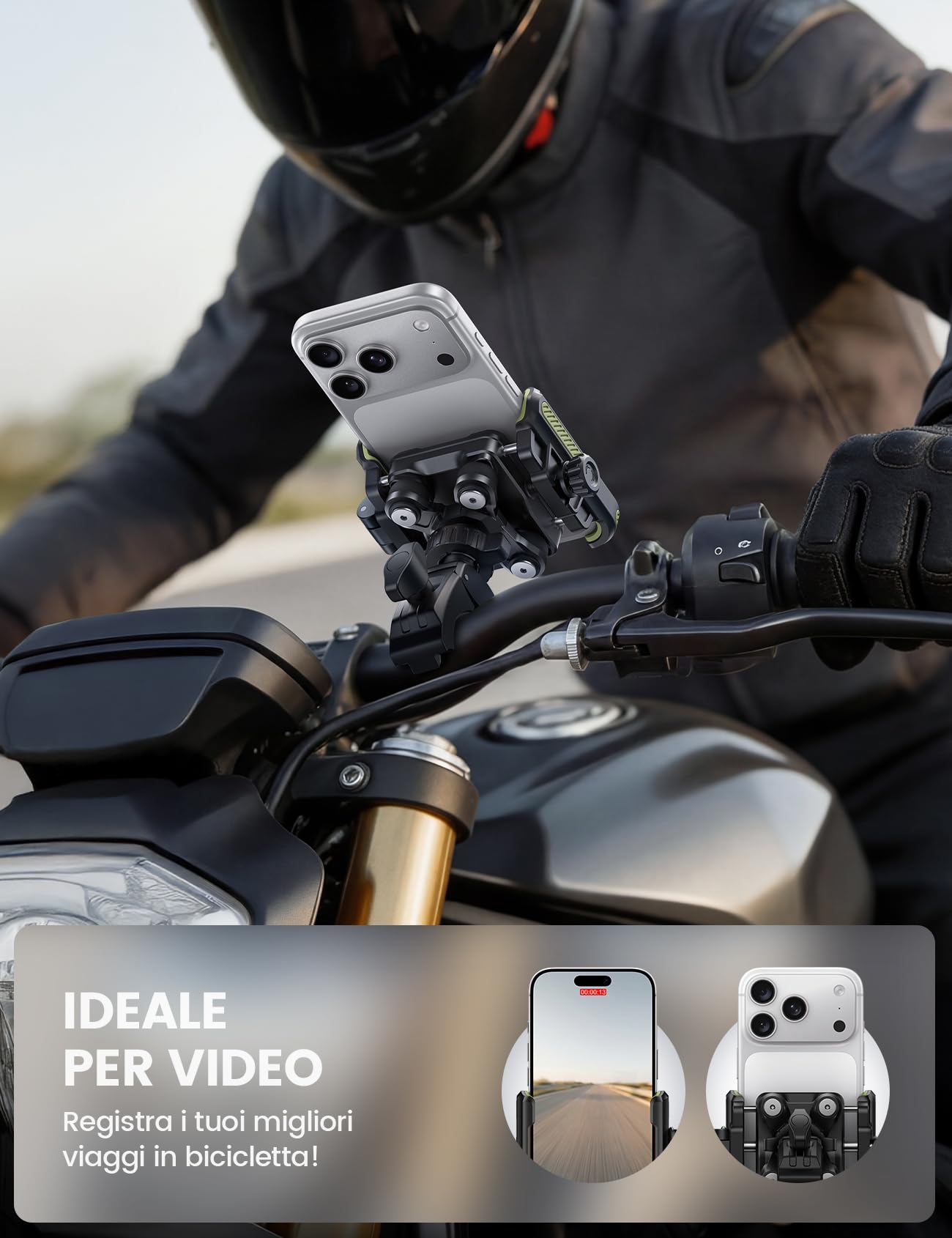 Lamicall Supporto Telefono Moto, Porta Telefono Bicicletta – [Non Copre Fotocamera] [Doppio Ammortizzatore] 1S Sblocco, 360° Rotazione, Porta Cellulare Manubrio per iPhone e Altri Smartphone de 6-7,2"