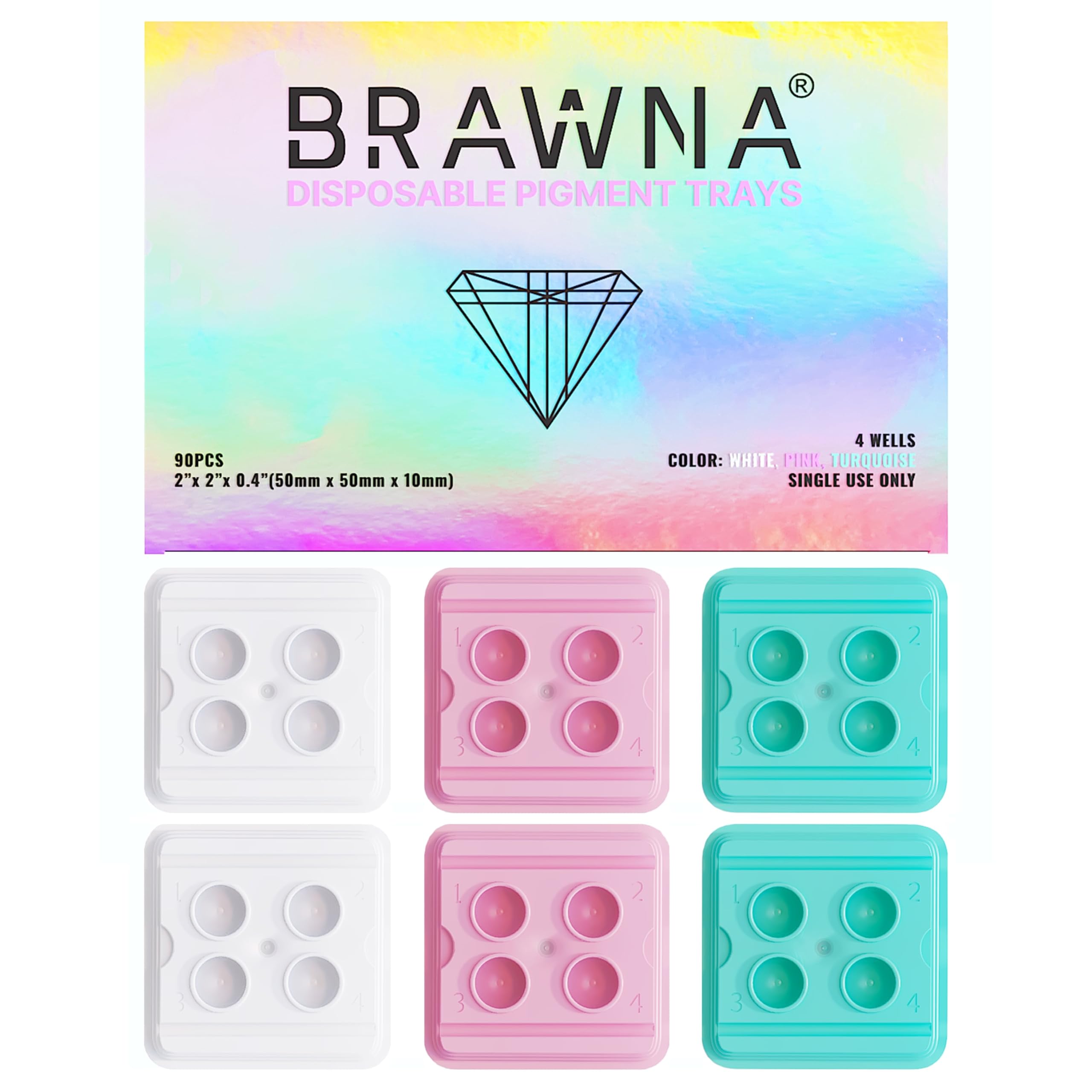 BRAWNA [ Deeper Wells ] 90 Pack Disposable Ink Trays for Miroblading & PMU pigments - PMU Supplies - White, Pink, Turquoise