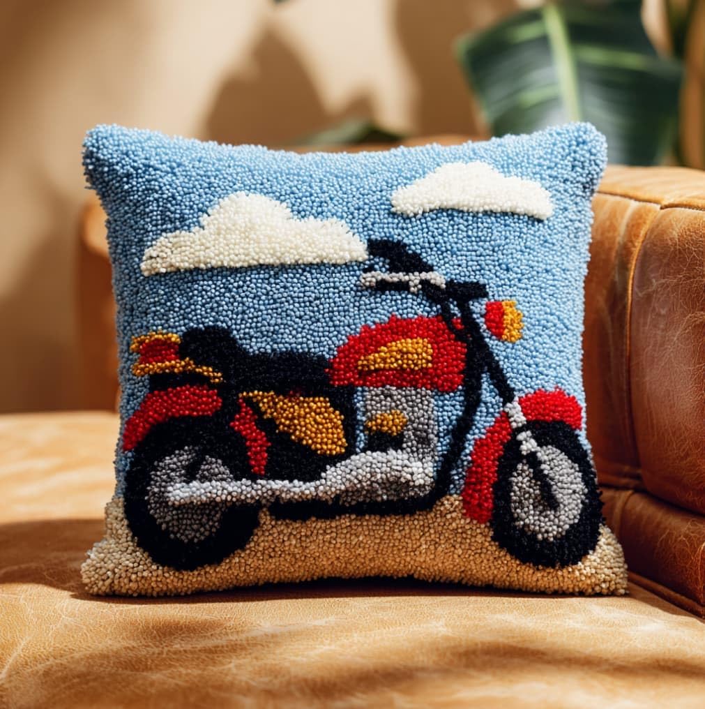Taxpy DIY Latch Hook Pillow Kit Pre-Printed Hook and Latch Rug Kits Motorcycle 17X17 Inch.Cross-Stitch Embroidery Cushion Cover for Home Sofa Decoration