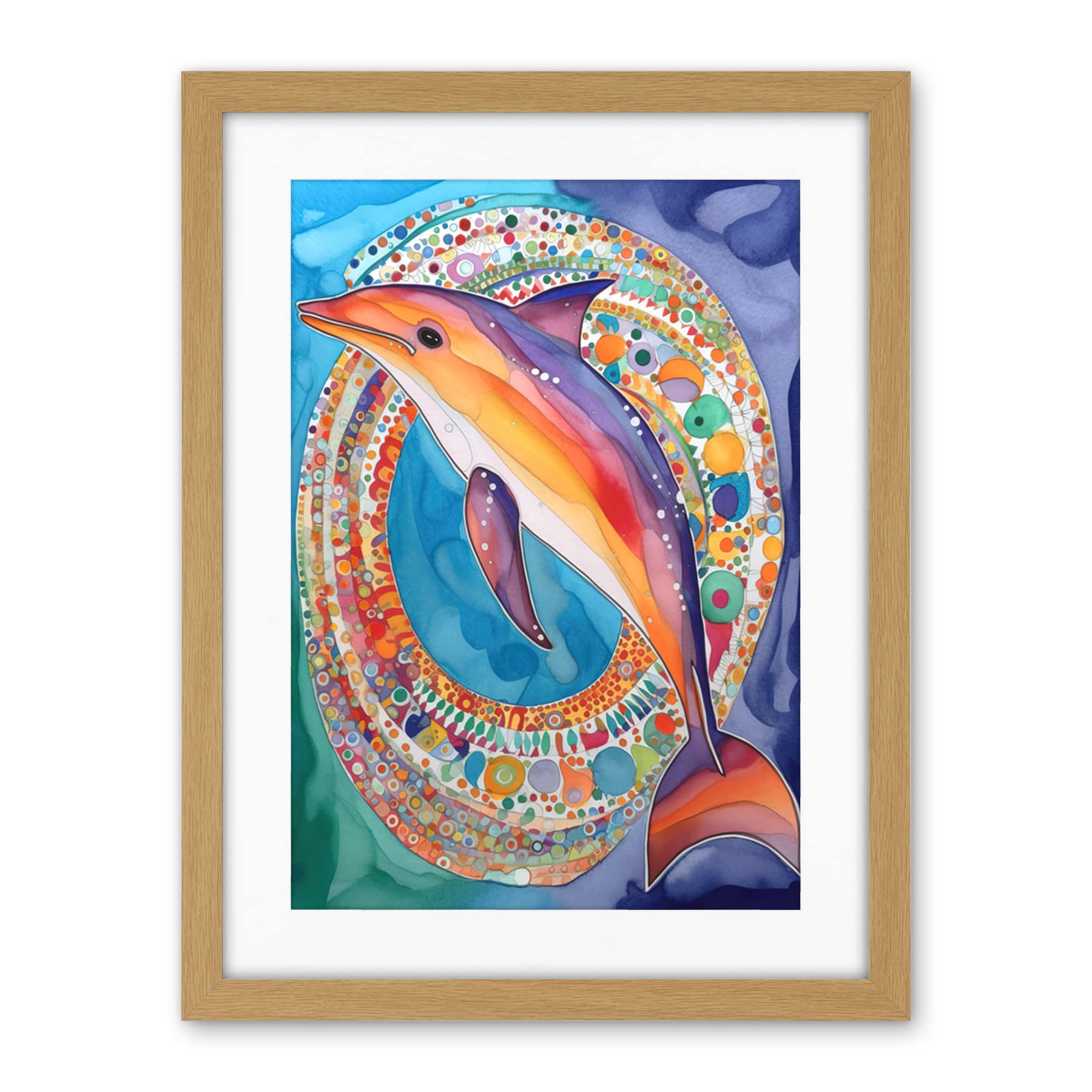 Artery8 Rainbow Dolphin And Pattern Hoop Folk Art Watercolour Painting Artwork Framed Wall Art Print 18X24 Inch