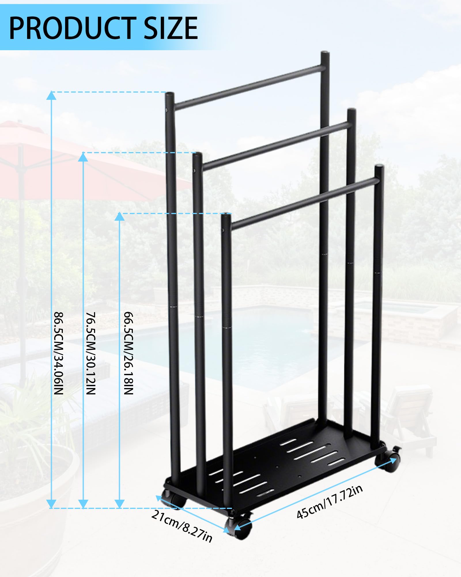 Toallero de Pie de 3 Niveles, Toallero Escalera con Estante y Ruedas, Ahorra Espacio, Material Metálico, Toallero de Piscina para Exteriores, para Baños, Salón, Negro