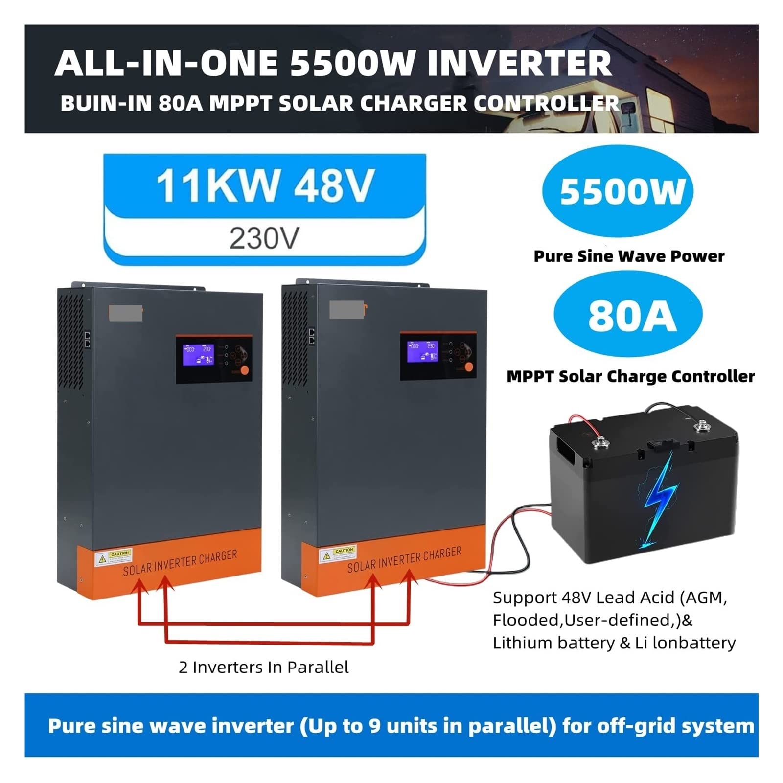 Onduleur Solaire Hybride 220-240V 5KW 48V MPPT 80A 5500W parallèle à Onde sinusoïdale Pure en 9 unités Peut triphasé 380V (Color : Parallel Version 48v, Size : with WiFi)