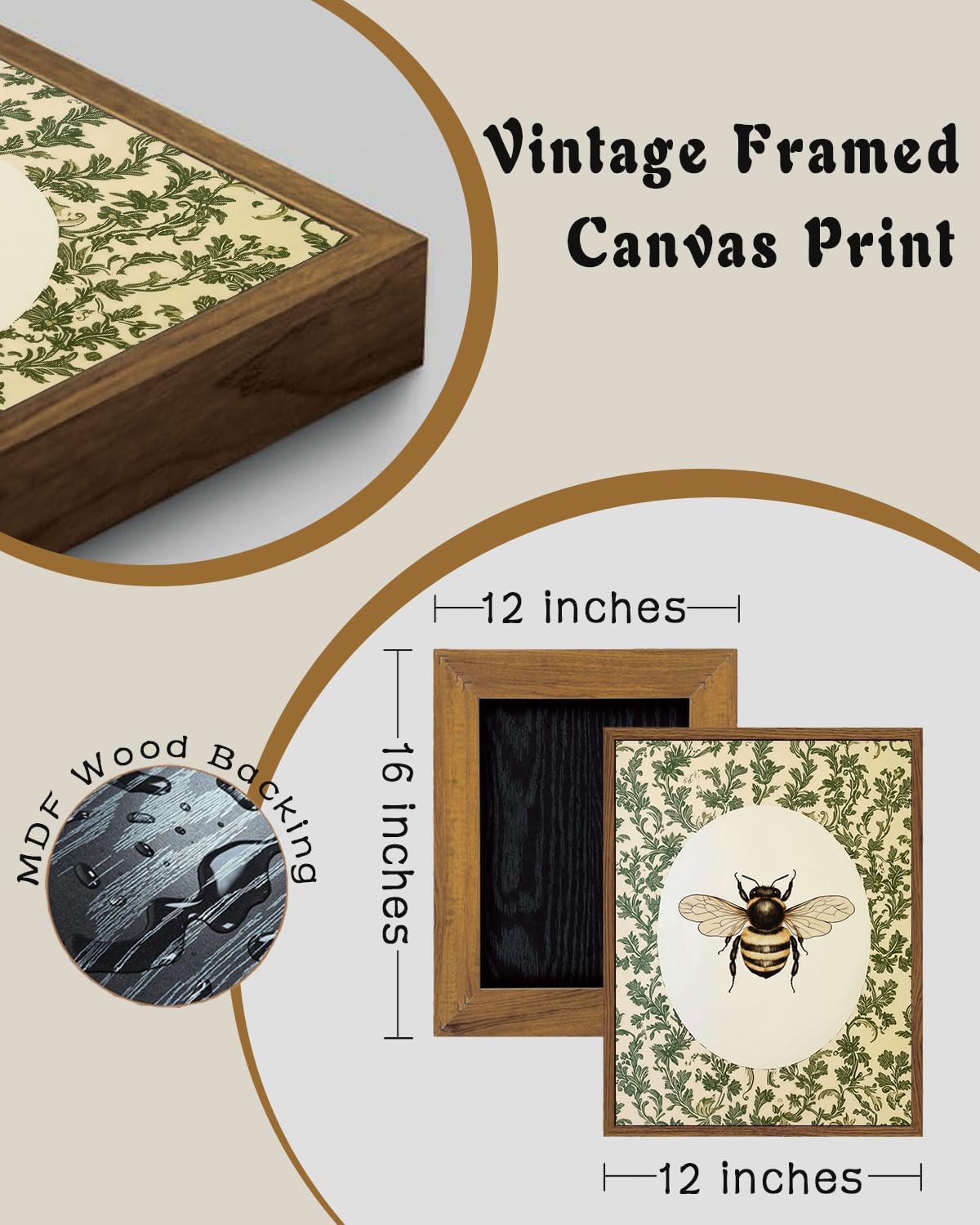 ZZLWBKGL Vintage Bee Framed Wall Art Cottagecore Floral Canvas Wall Art Botanical Insect Pictures Wall Decor Rustic Garden Art Prints for Bedroom Living Room Study