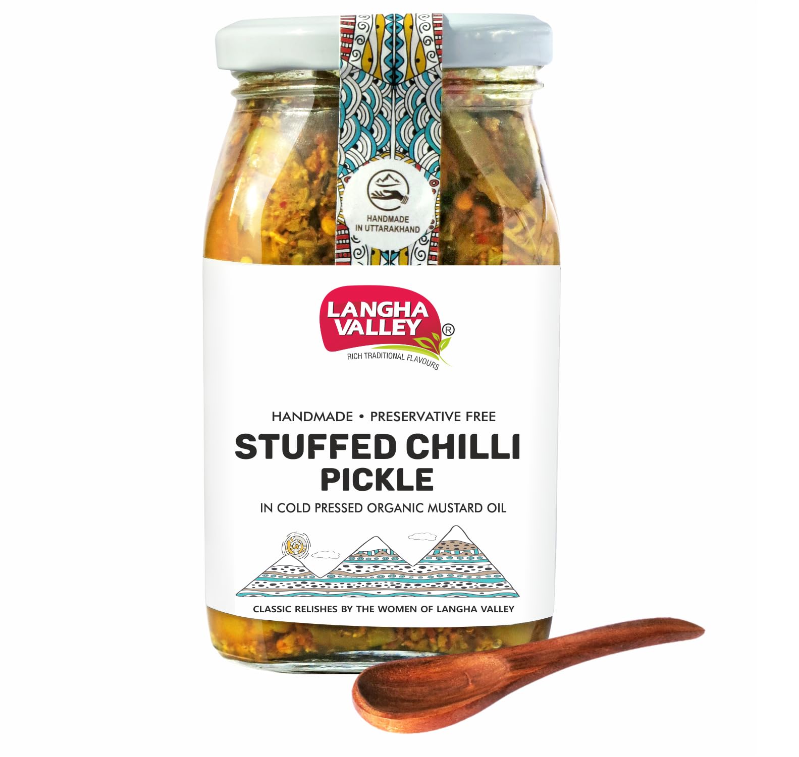 LANGHA VALLEY Homemade Stuffed Green Chilli Pickle, Bharwa Mirch ka Achar, Made with Cold-Pressed Organic Mustard Oil, Sun Dried and Sun Matured, Preservative free, Glass Jar with Wooden Spoon - 360 Grams (B0817P5HWV) Amazon Price History, Amazon Price Tracker