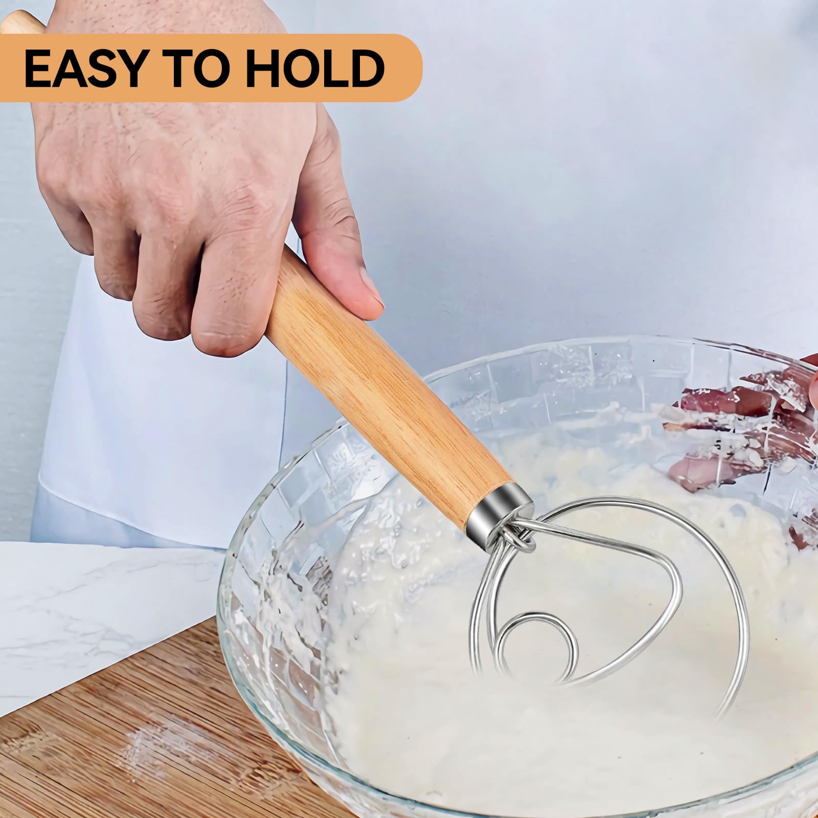 TEEVEA Danish Dough Whisk Stainless Steel Hook Baking Tool for Bread Sourdough Pizza Pastry Blending Dutch Hand Mixer with Wooden Handle Making - Image 3