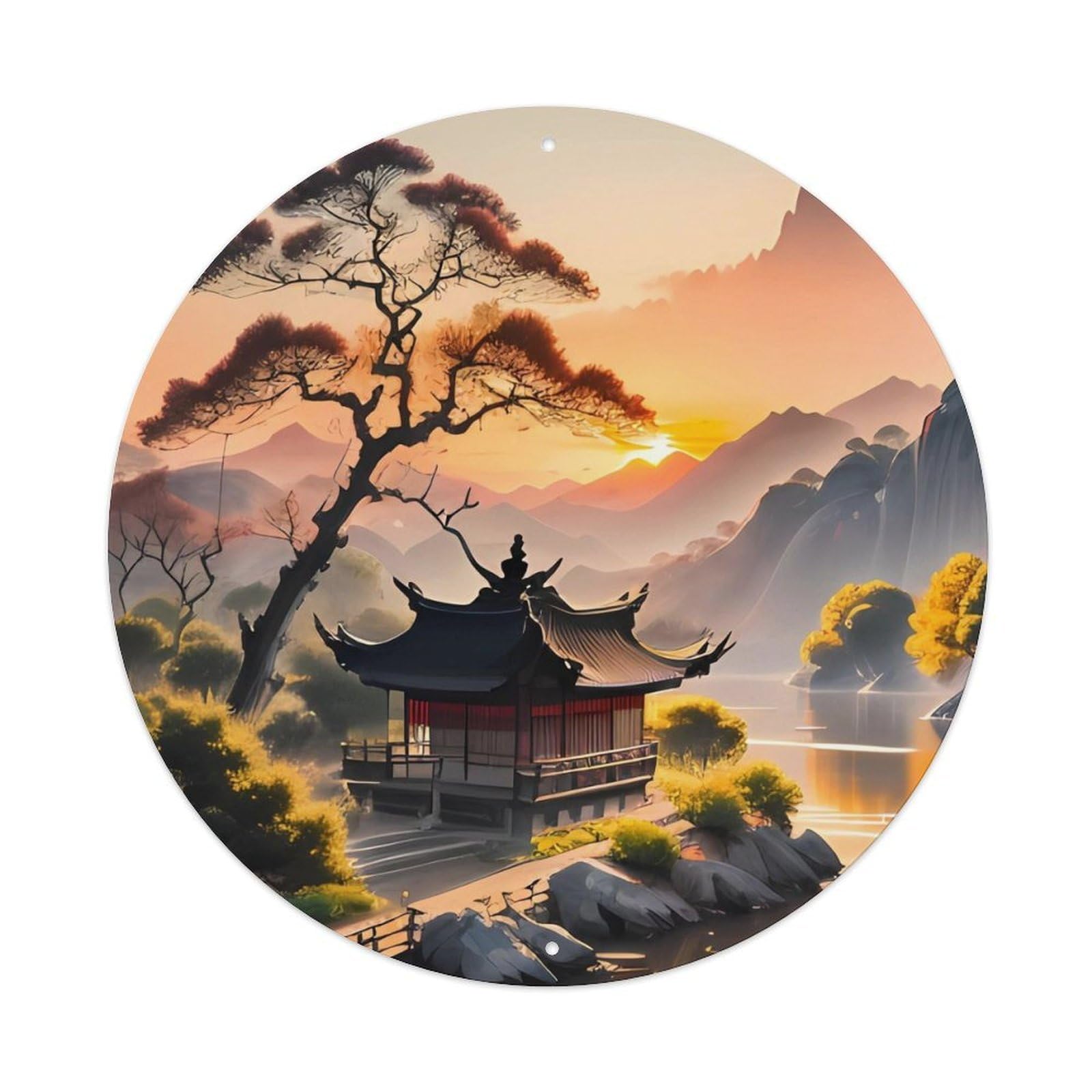 Landscape Riverside Pavilion Vintage Metal Tin Sign Plaque Wall Decor for Cafe, Club, Garden Round Metal Poster 8x8Inch