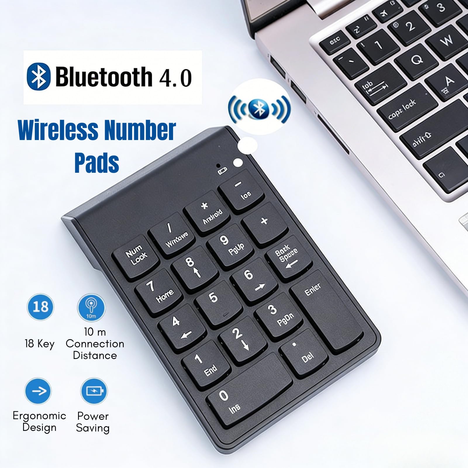 Bluetooth 4.0 NUMPad bezprzewodowy blok numeryczny ​Ergonomiczny blok numeryczny z 18 przyciskami, zasięg połączenia 10 m, do laptopa PC