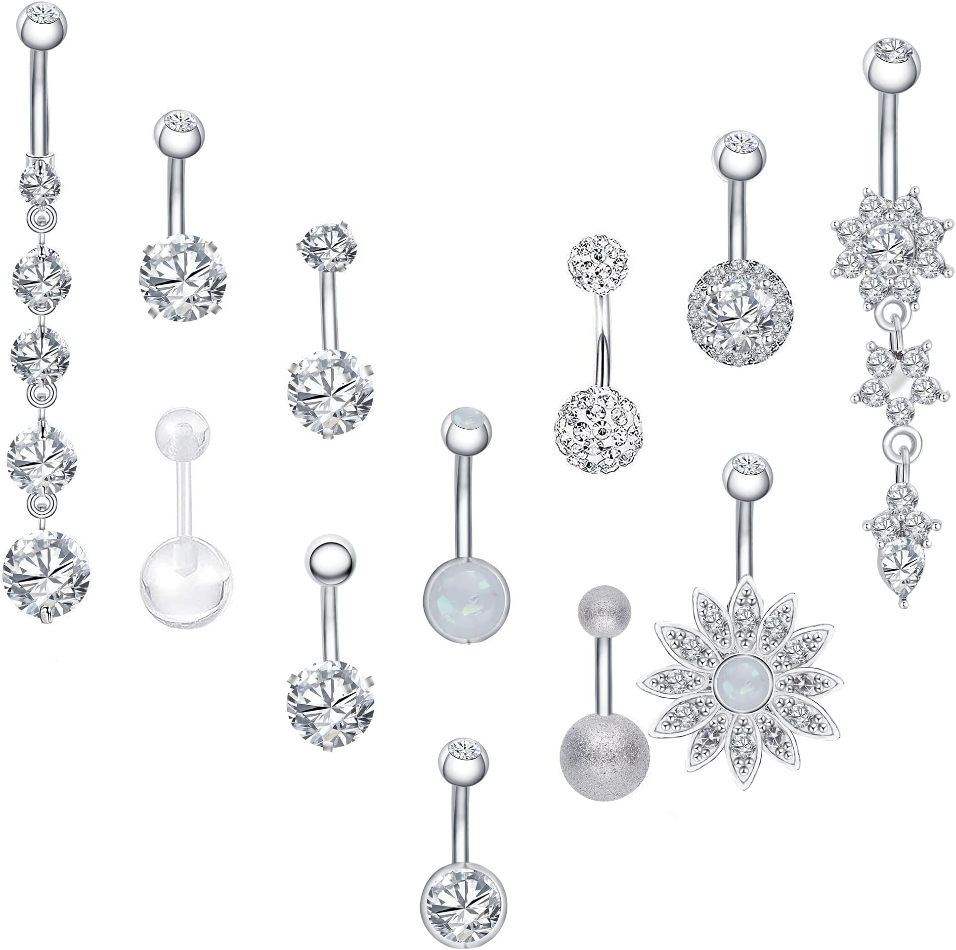 SMCTCREDBelly Bars, 11 x 316L Surgical Steel CZ Belly Bars with Dangle Cubic Zirconia Curved Body Piercing Jewellery Barbells for Women Girls