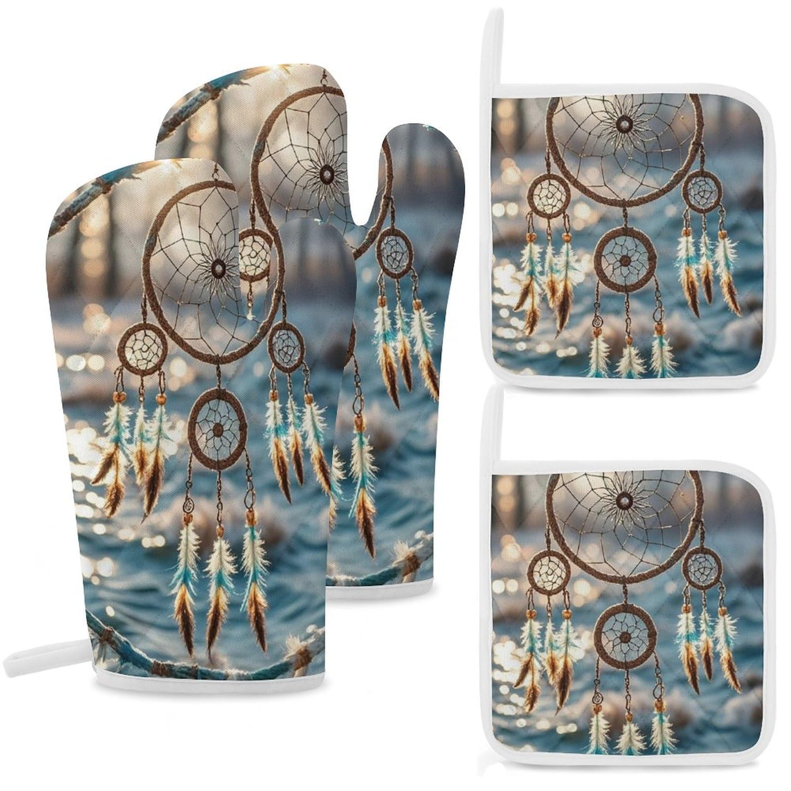 Gants de cuisine pour pâtisserie et barbecue au motif attrape-rêves